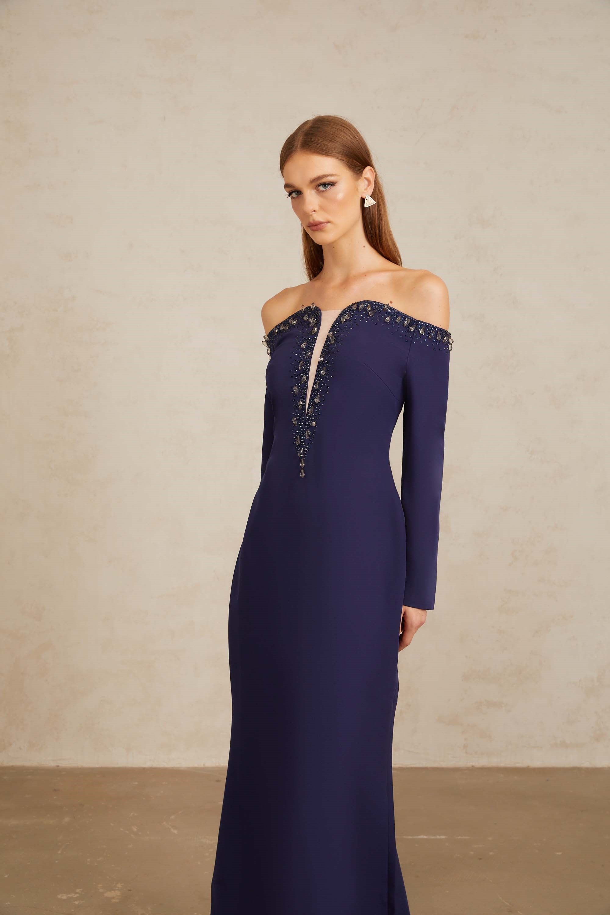 Joyanna Blue Off-Shoulder Embellished Gown (Final Sale-US Only)