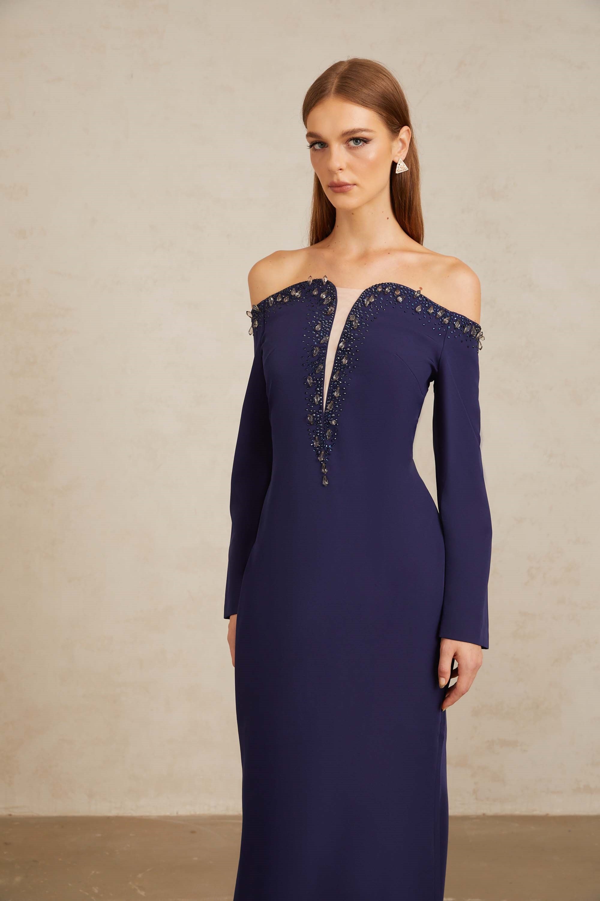 Joyanna Blue Off-Shoulder Embellished Gown (Final Sale-US Only)