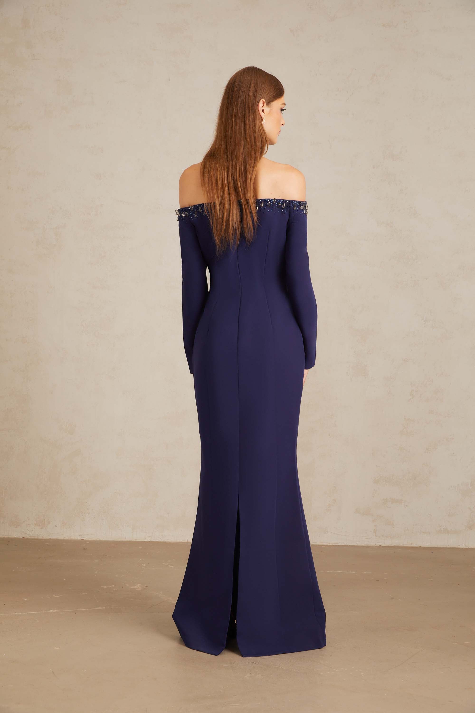 Joyanna Blue Off-Shoulder Embellished Gown (Final Sale-US Only)