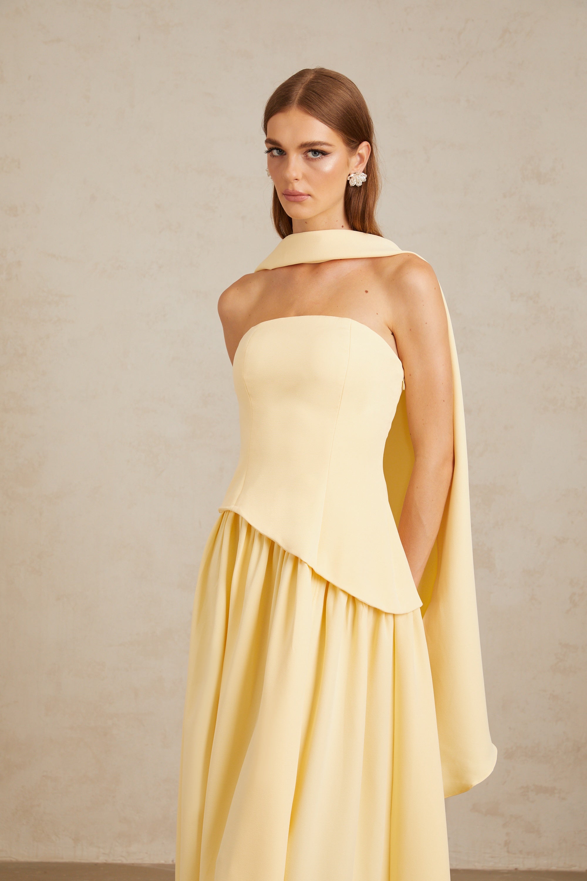 Sidonie Yellow Off-Shoulder Panel Maxi Gown (Final Sale-US Only)