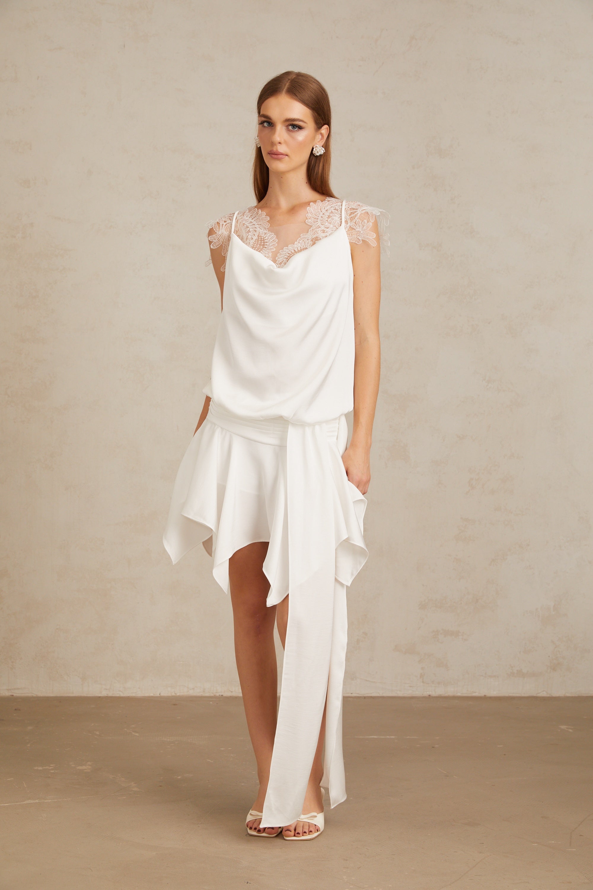 Thérèse White Draped Lace Panel Mini Dress (Final Sale-US Only)