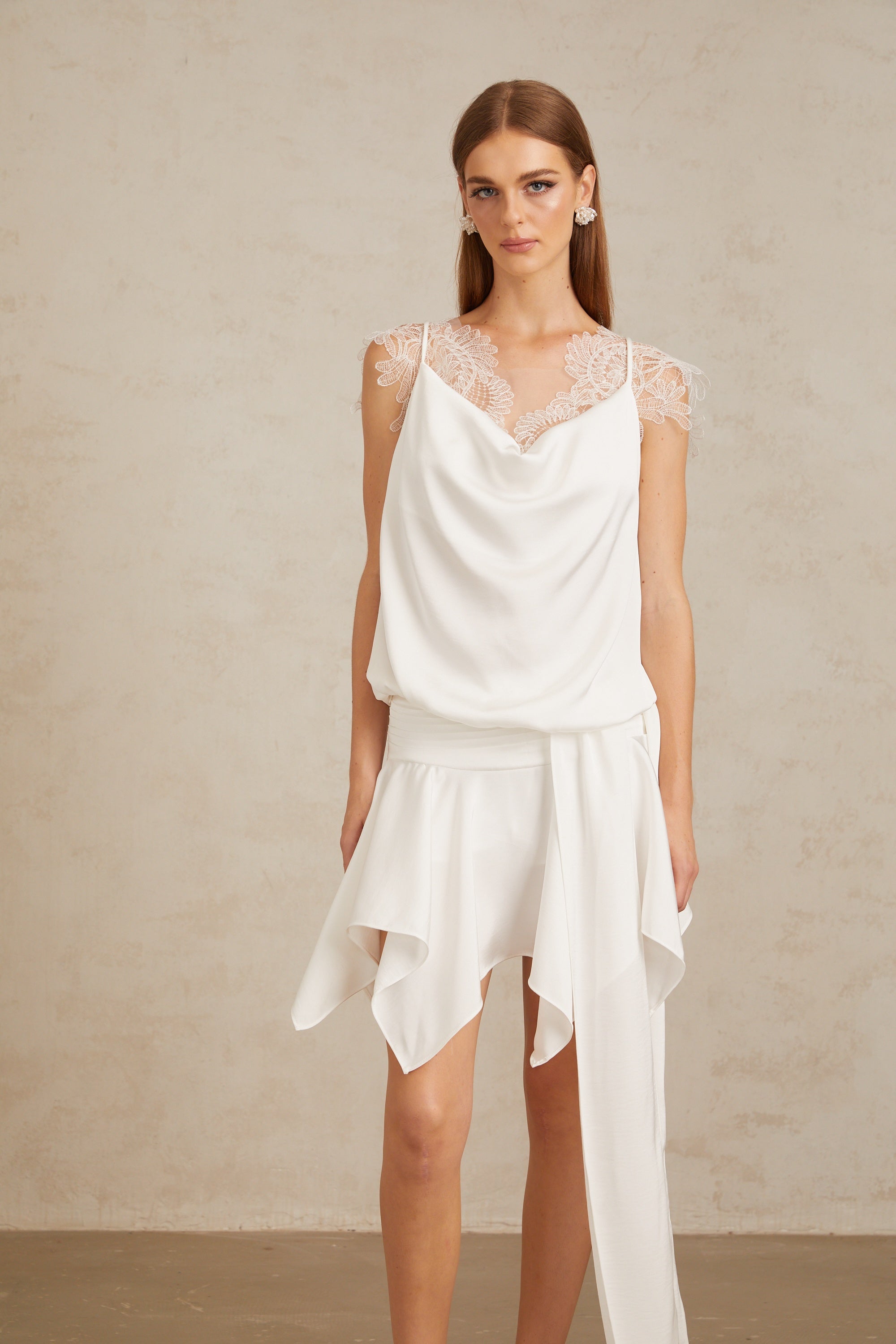 Thérèse White Draped Lace Panel Mini Dress (Final Sale-US Only)