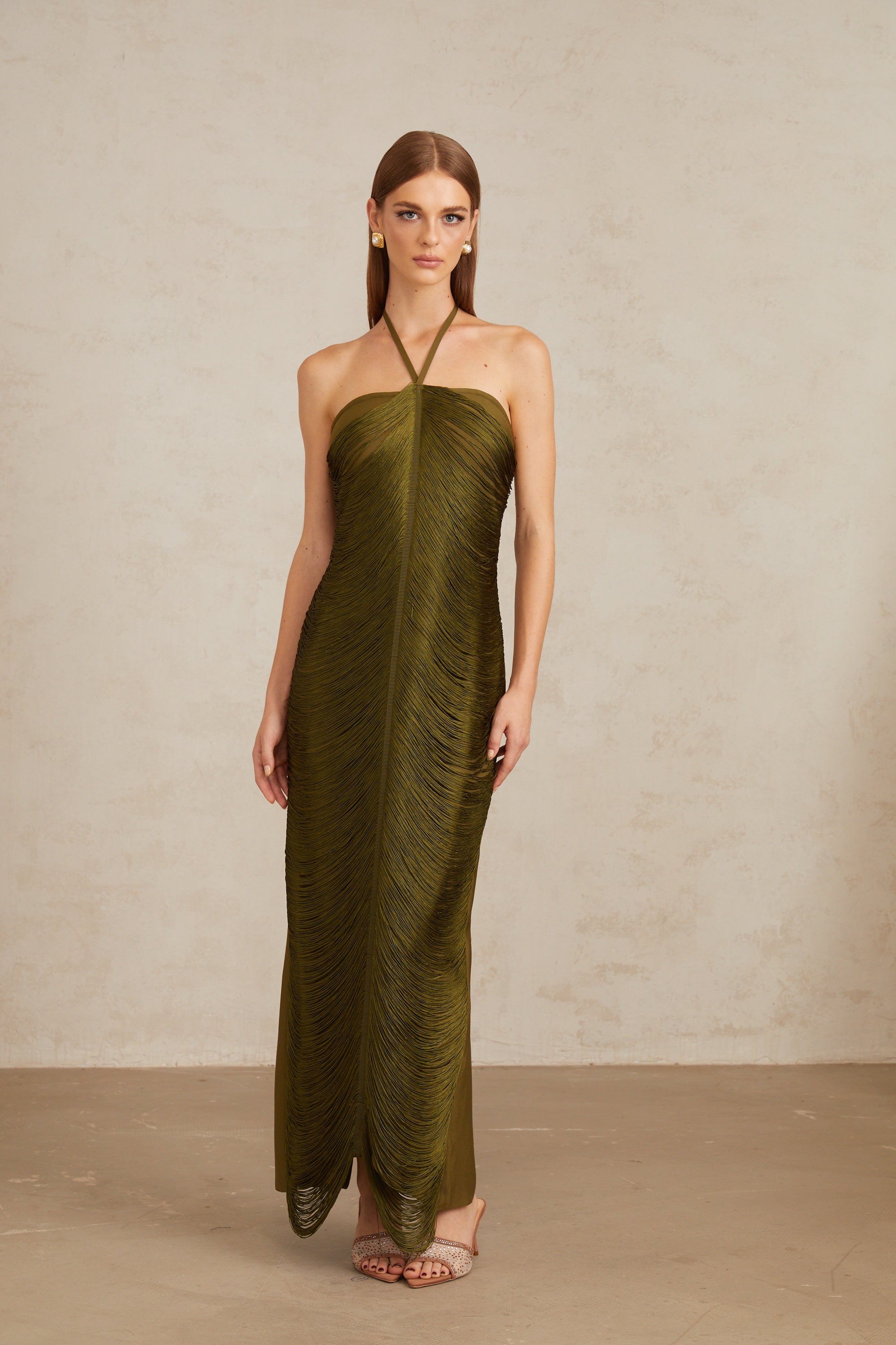Polliana Olive Green Fringed Corset Maxi Gown (Final Sale-US Only)