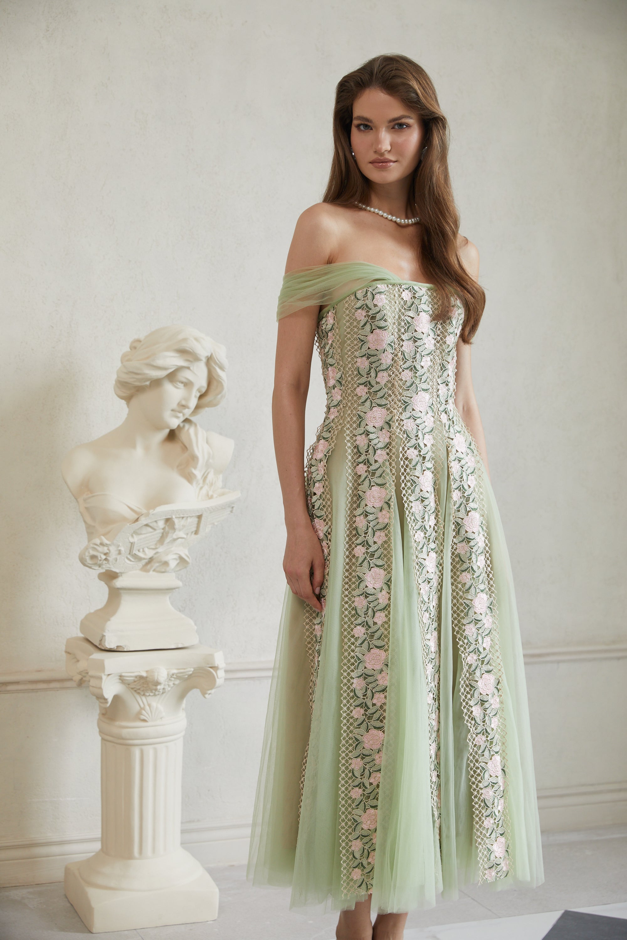 Eleni Green Tulle Panel Floral Midi Dress (Final Sale-US Only)