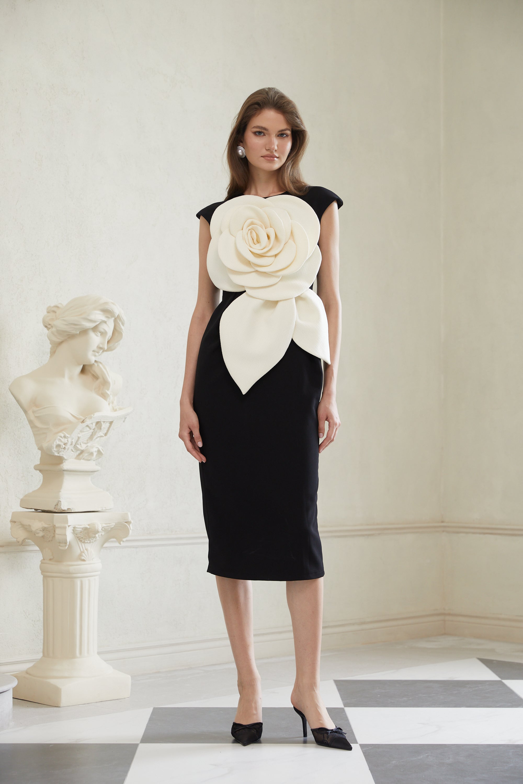 Aurélienne Black 3D Petal Pencil Midi Dress (Final Sale)