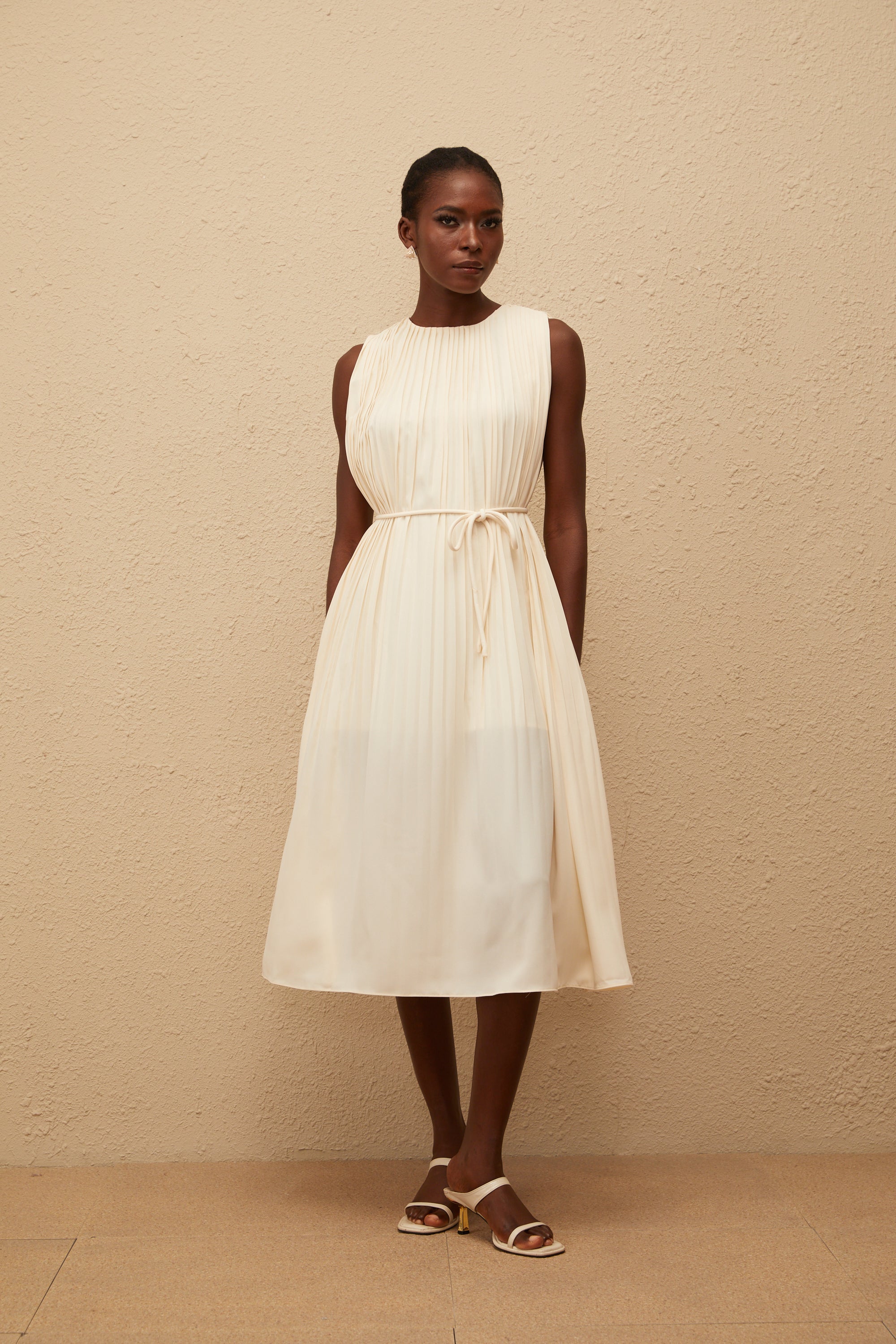 Célestine Neutral Sleeveless Pleated Midi Dress (Final Sale-US Only)