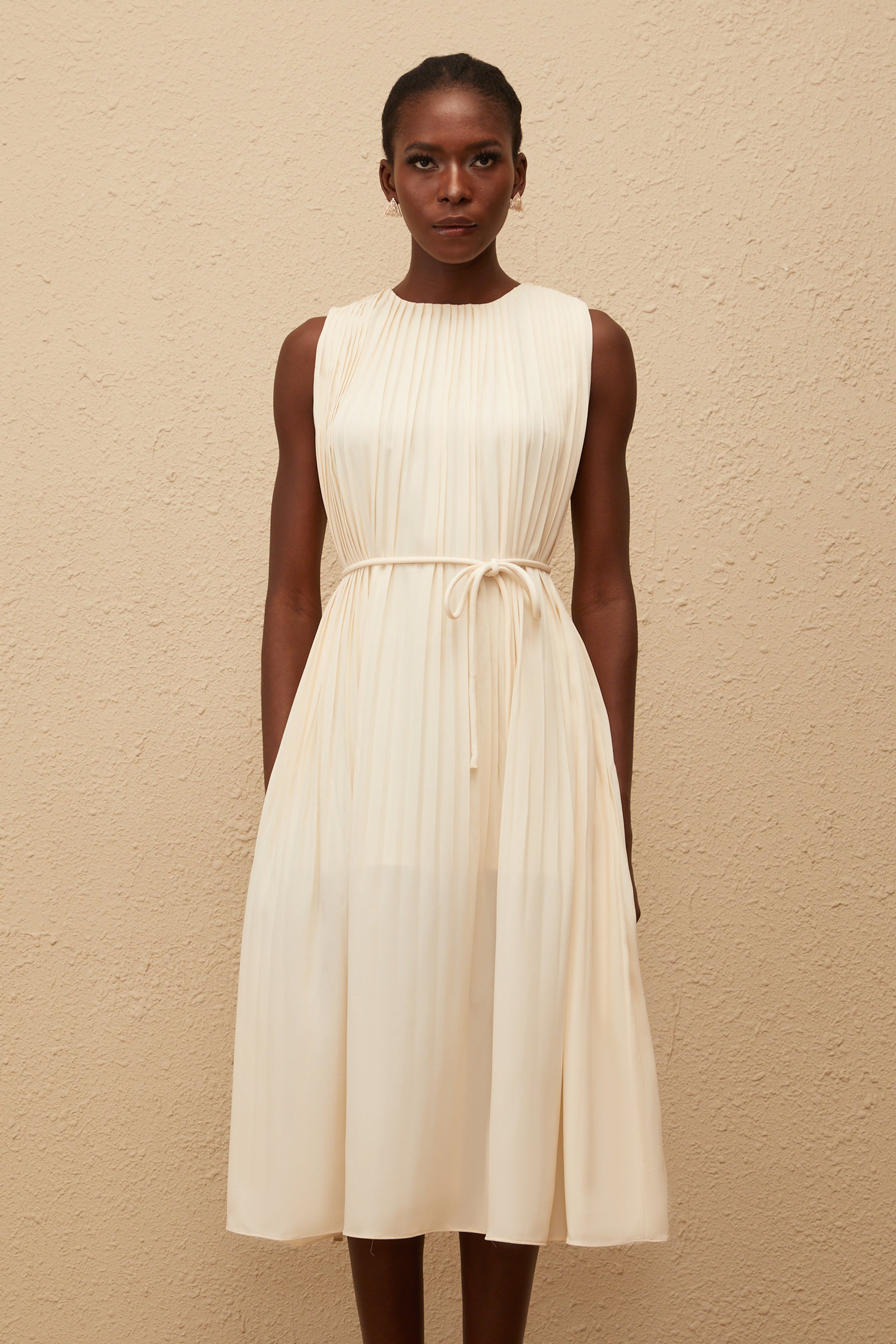 Célestine Neutral Sleeveless Pleated Midi Dress (Final Sale-US Only)
