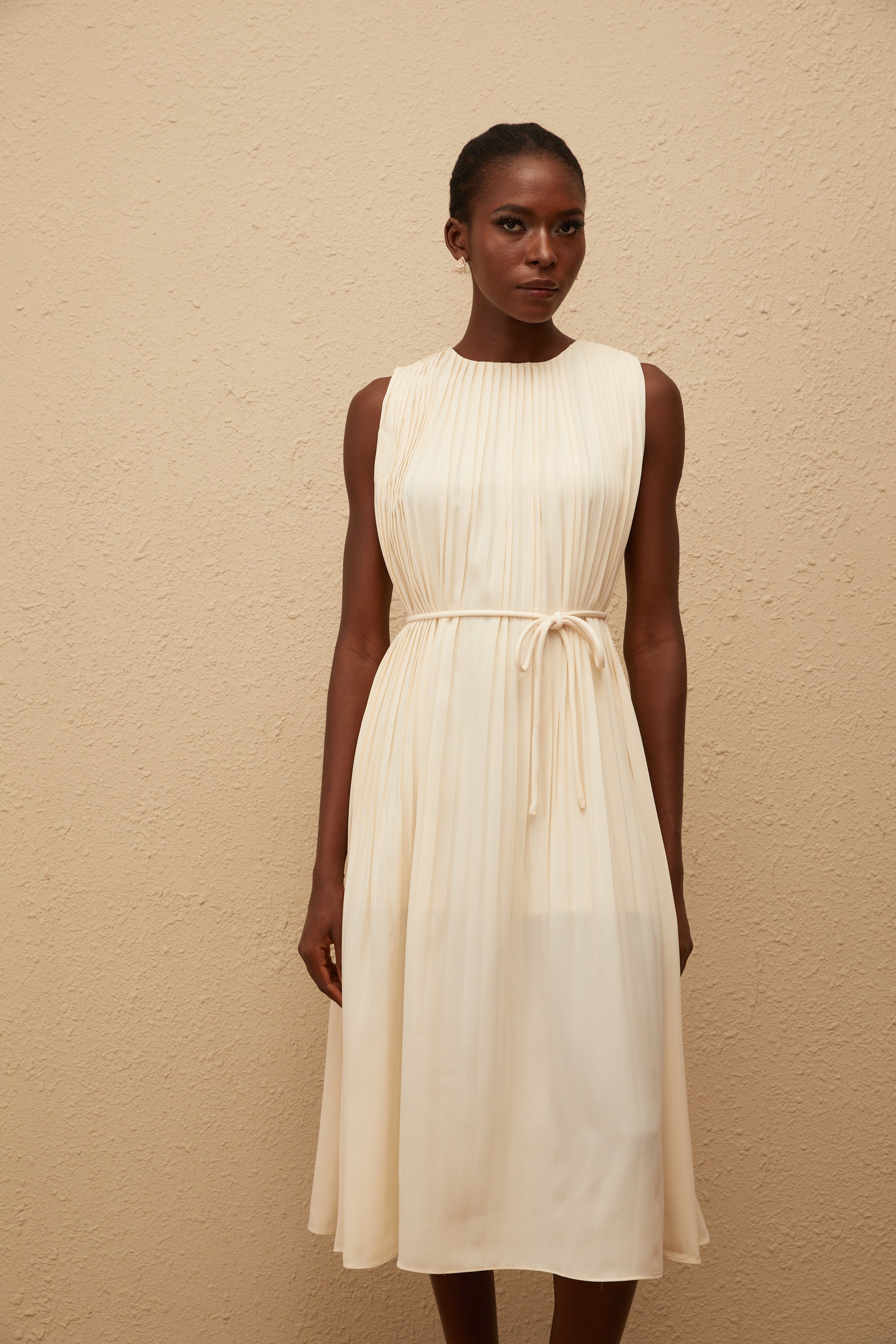 Célestine Neutral Sleeveless Pleated Midi Dress (Final Sale-US Only)