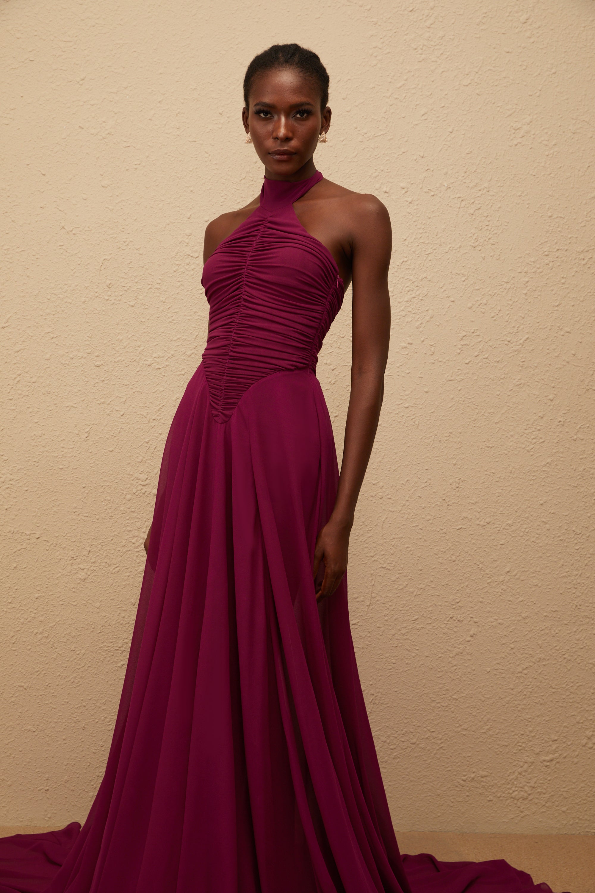 Kerstin Purple Train Design Ruched Maxi Dress (Final Sale-US Only)