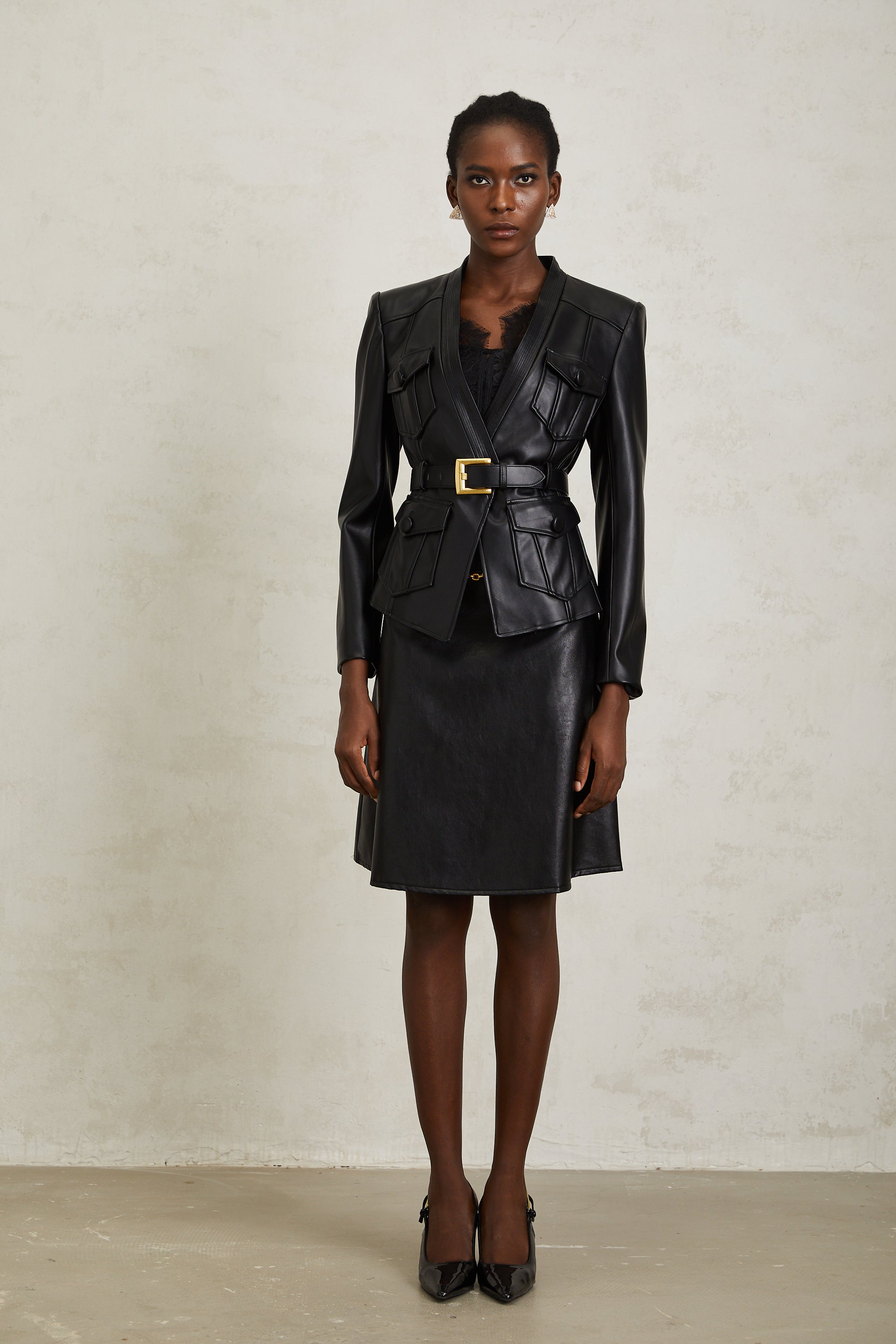 Isabel Black Belted Faux Leather Jacket (Final Sale)