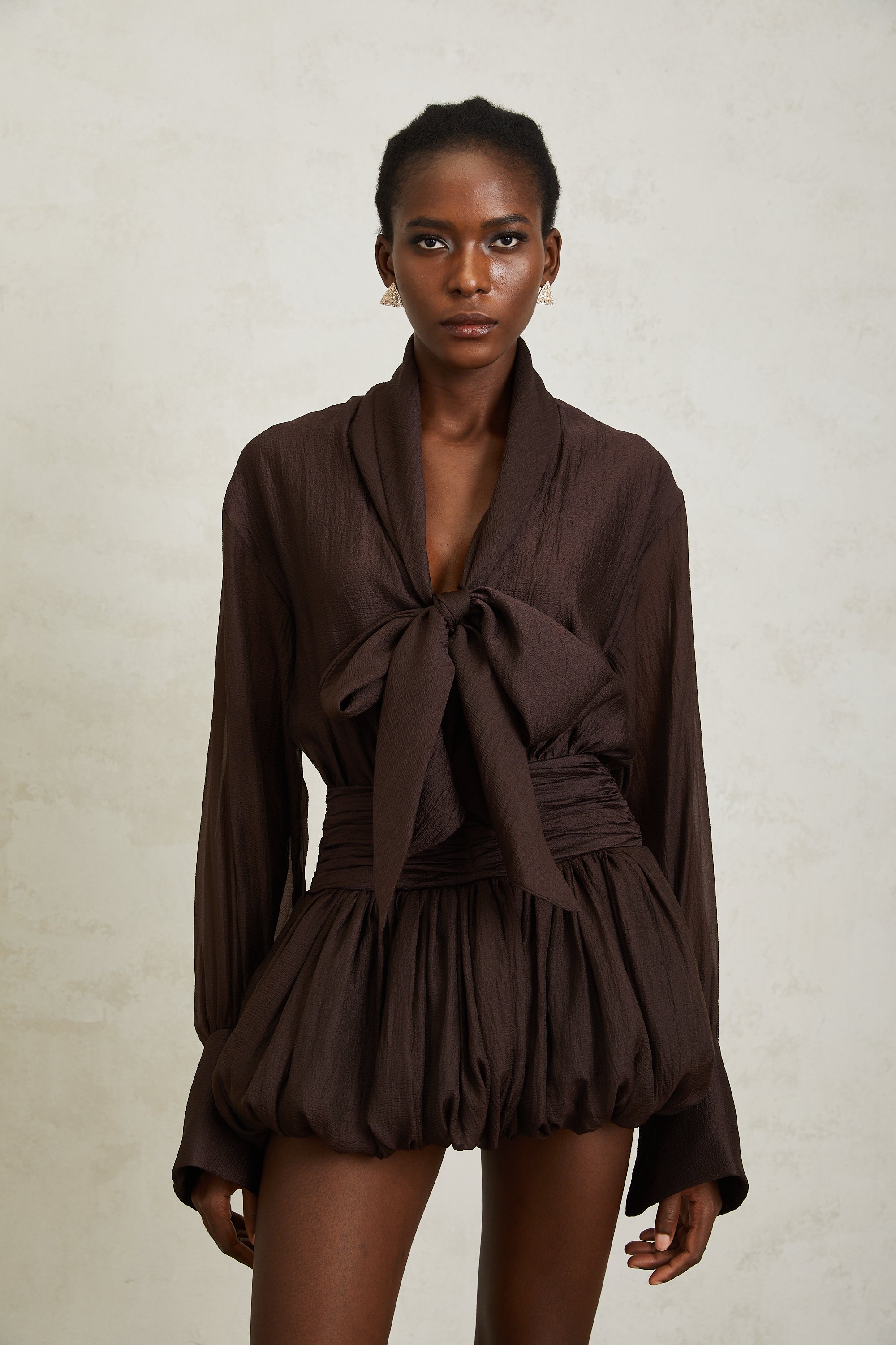 Isabella Brown Ribbon Tie Neck Mini Dress (Final Sale-US Only)