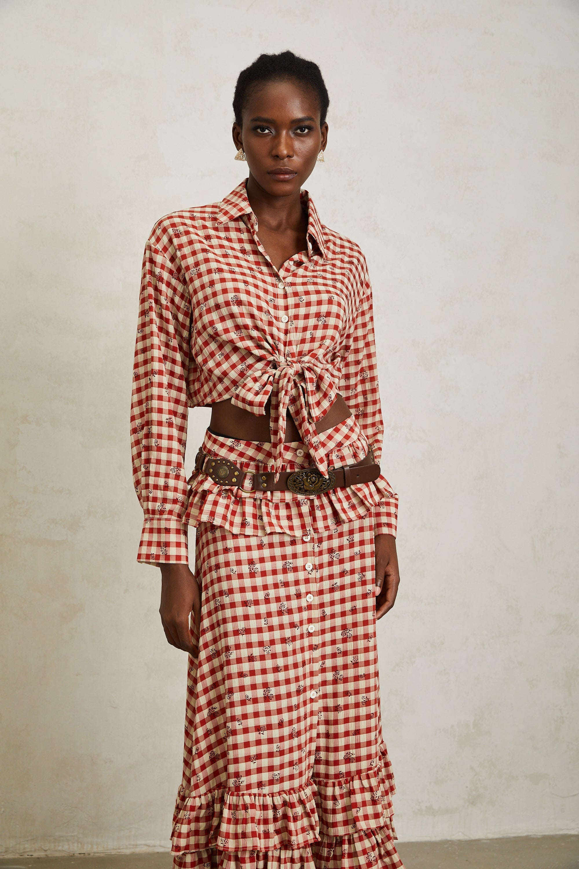 Céline Red Rose Print Plaid Shirt & Skirt Set (Without Belt)