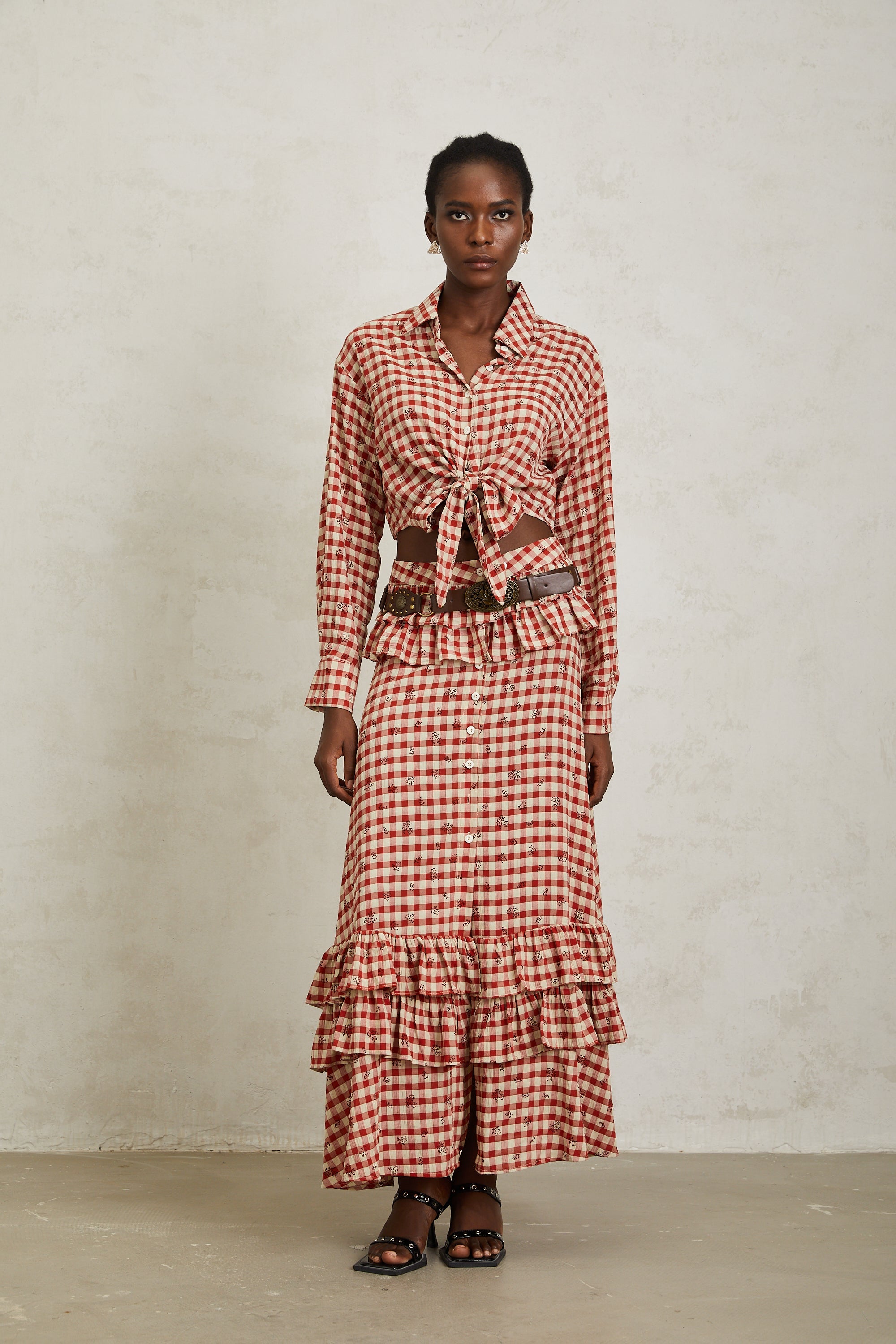 Céline Red Rose Print Plaid Shirt & Skirt Set (Without Belt)