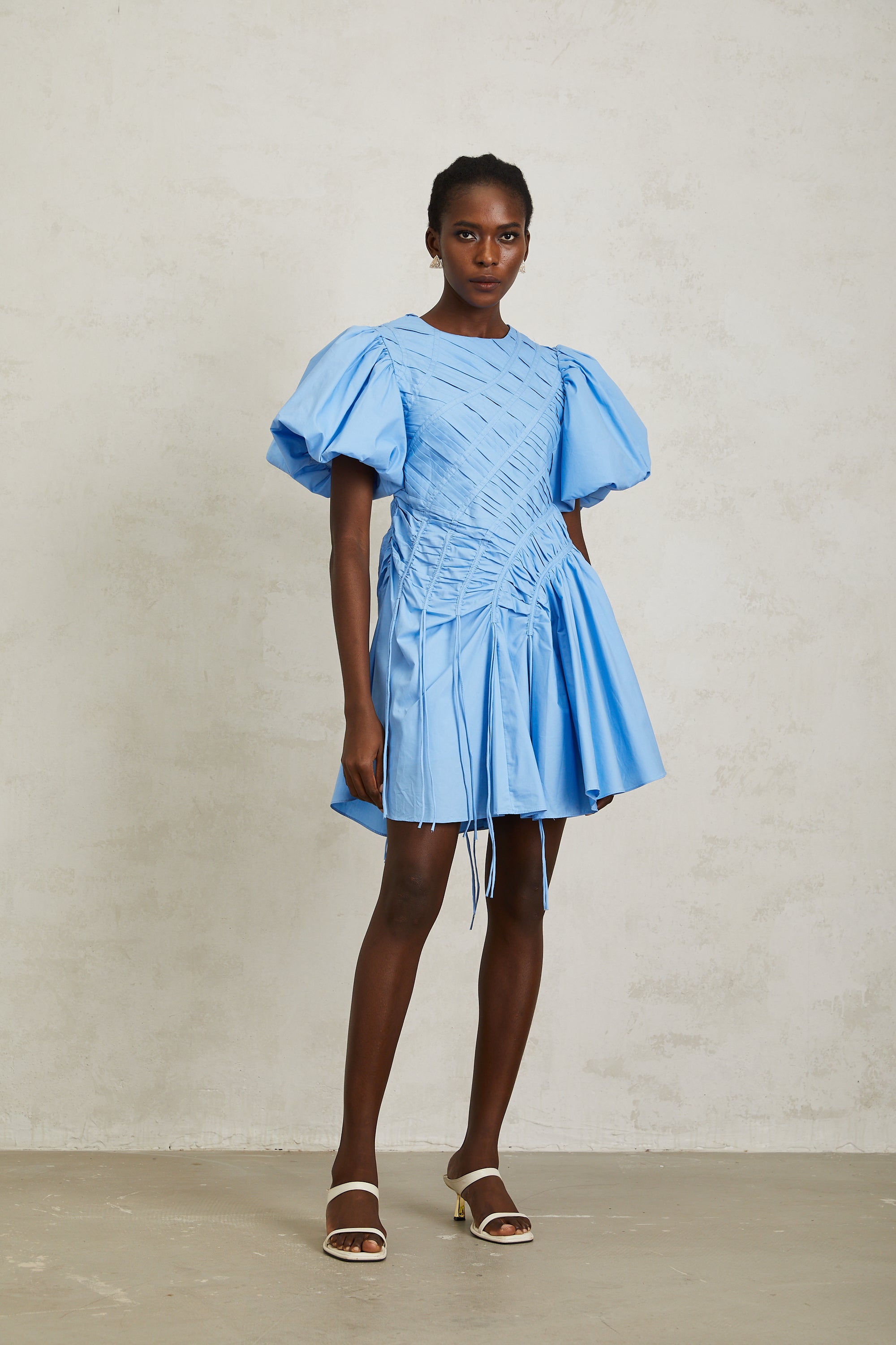 Amaryllis Blue Ruched Drawstring Hem Mini Dress