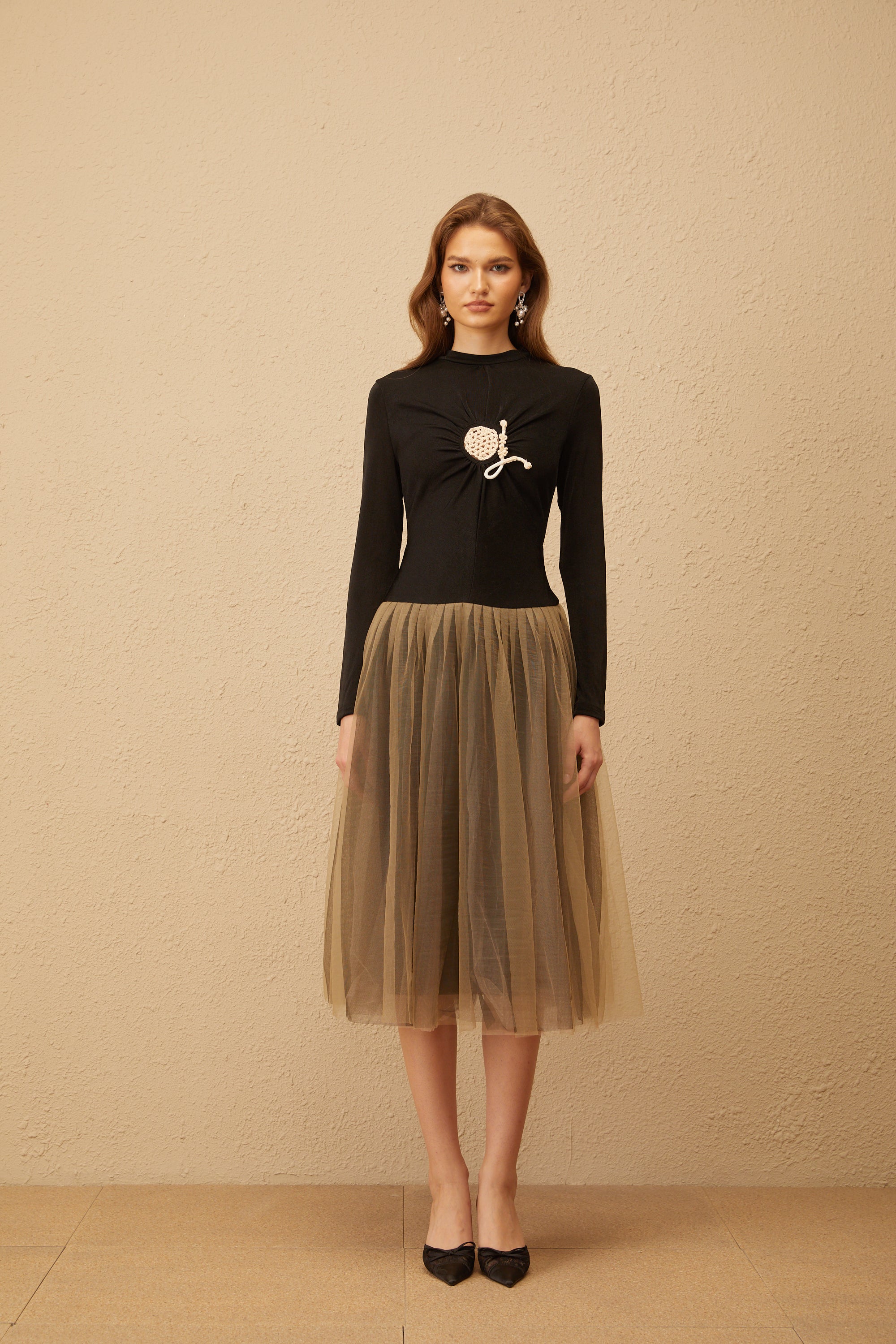 Cézanne Black Crochet Detail Tulle Panel Midi Dress (Final Sale)