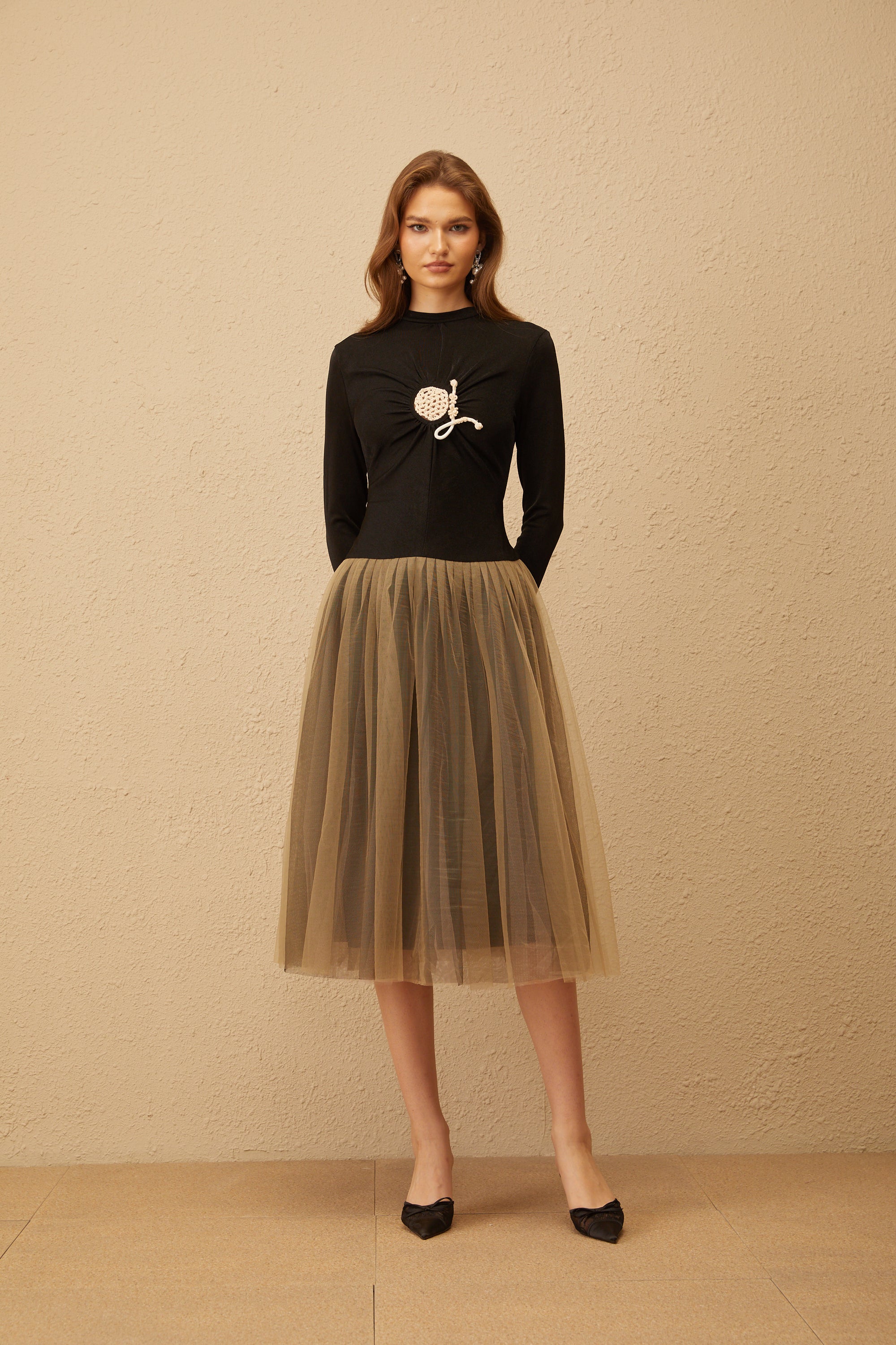 Cézanne Black Crochet Detail Tulle Panel Midi Dress (Final Sale)