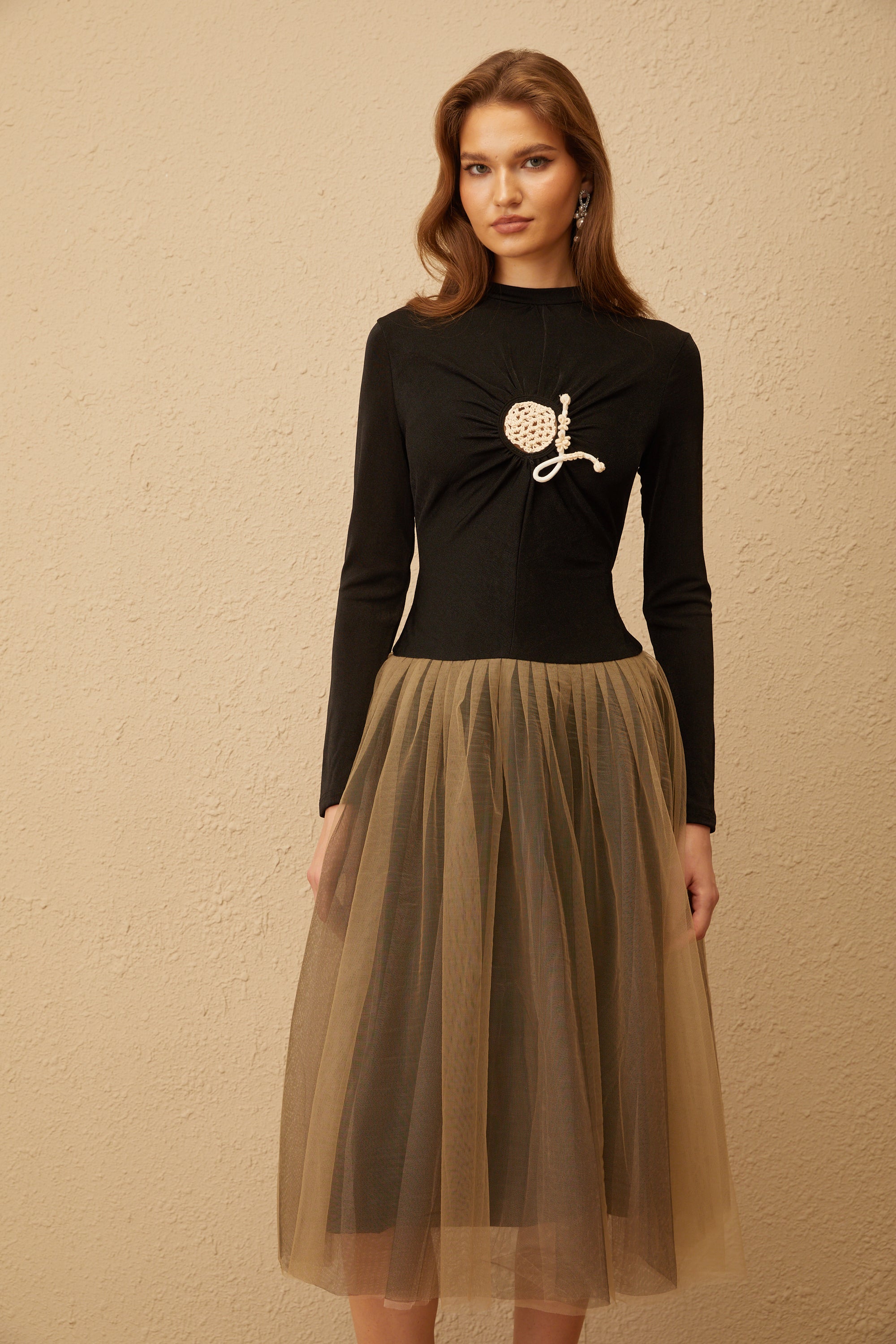 Cézanne Black Crochet Detail Tulle Panel Midi Dress (Final Sale)