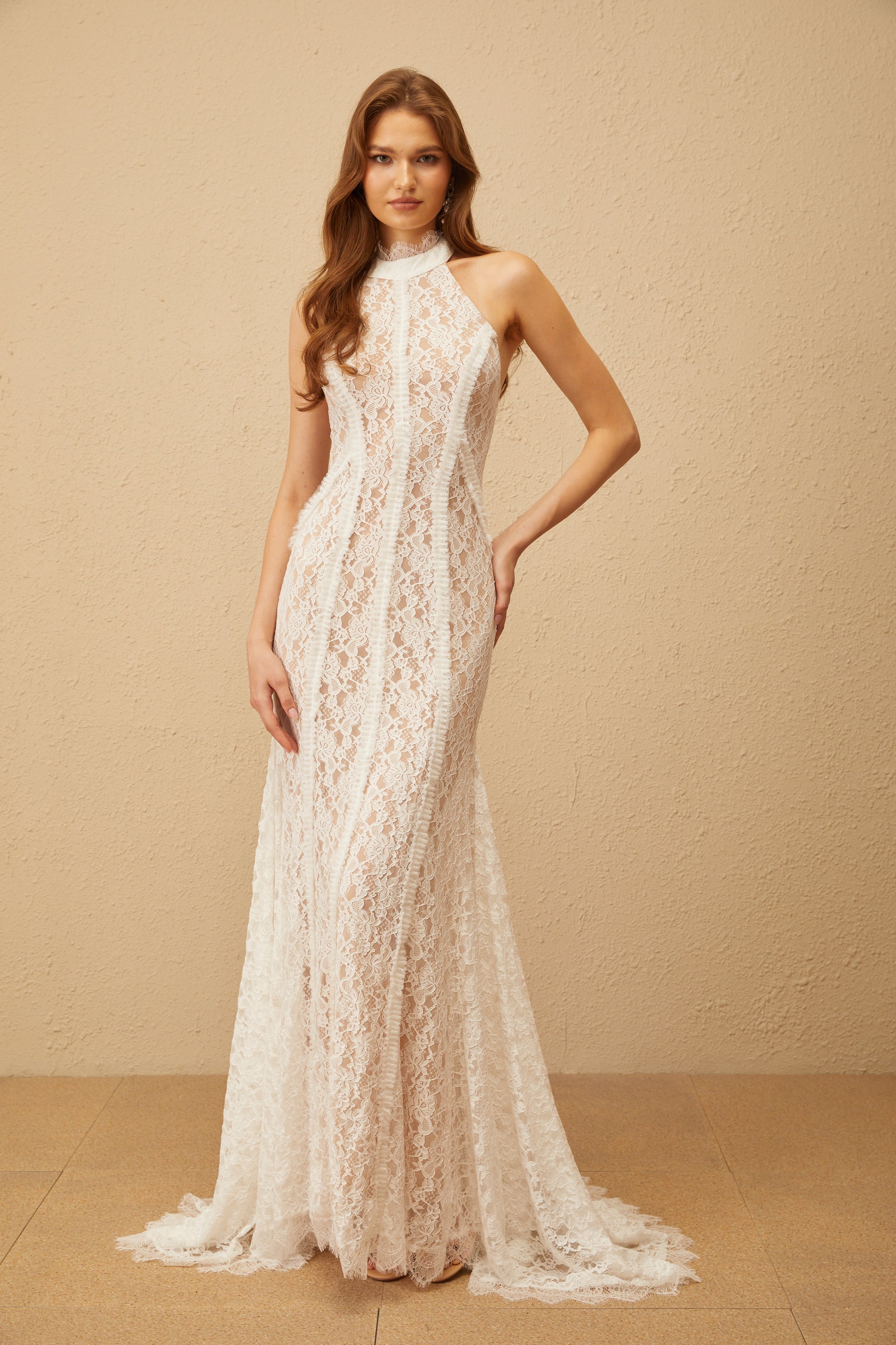 Gaëlle White Train Design Lace Maxi Dress (Final Sale)