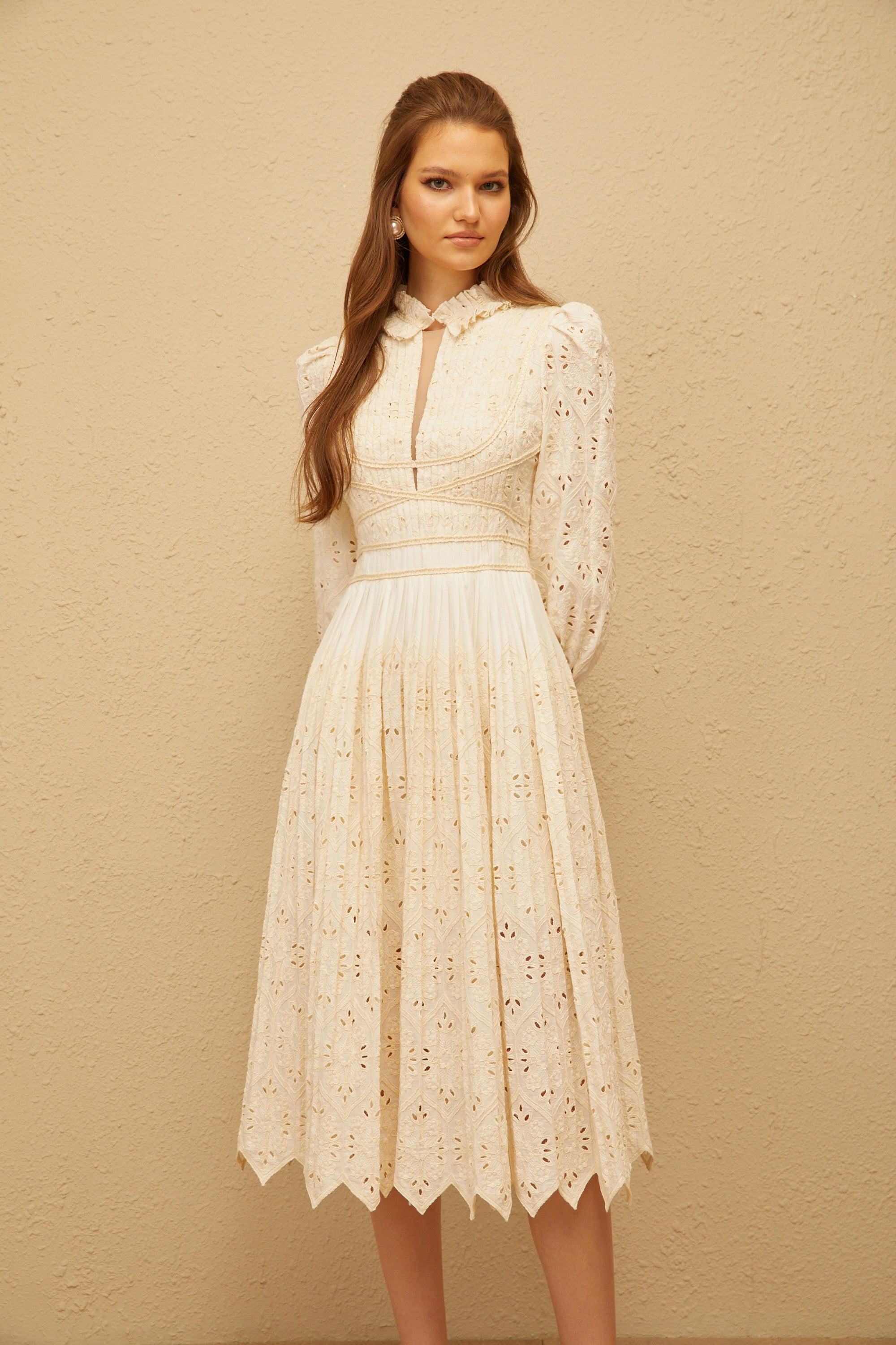Isabeau Neutral Floral Embroidered Pleated Midi Dress (Final Sale-US Only)