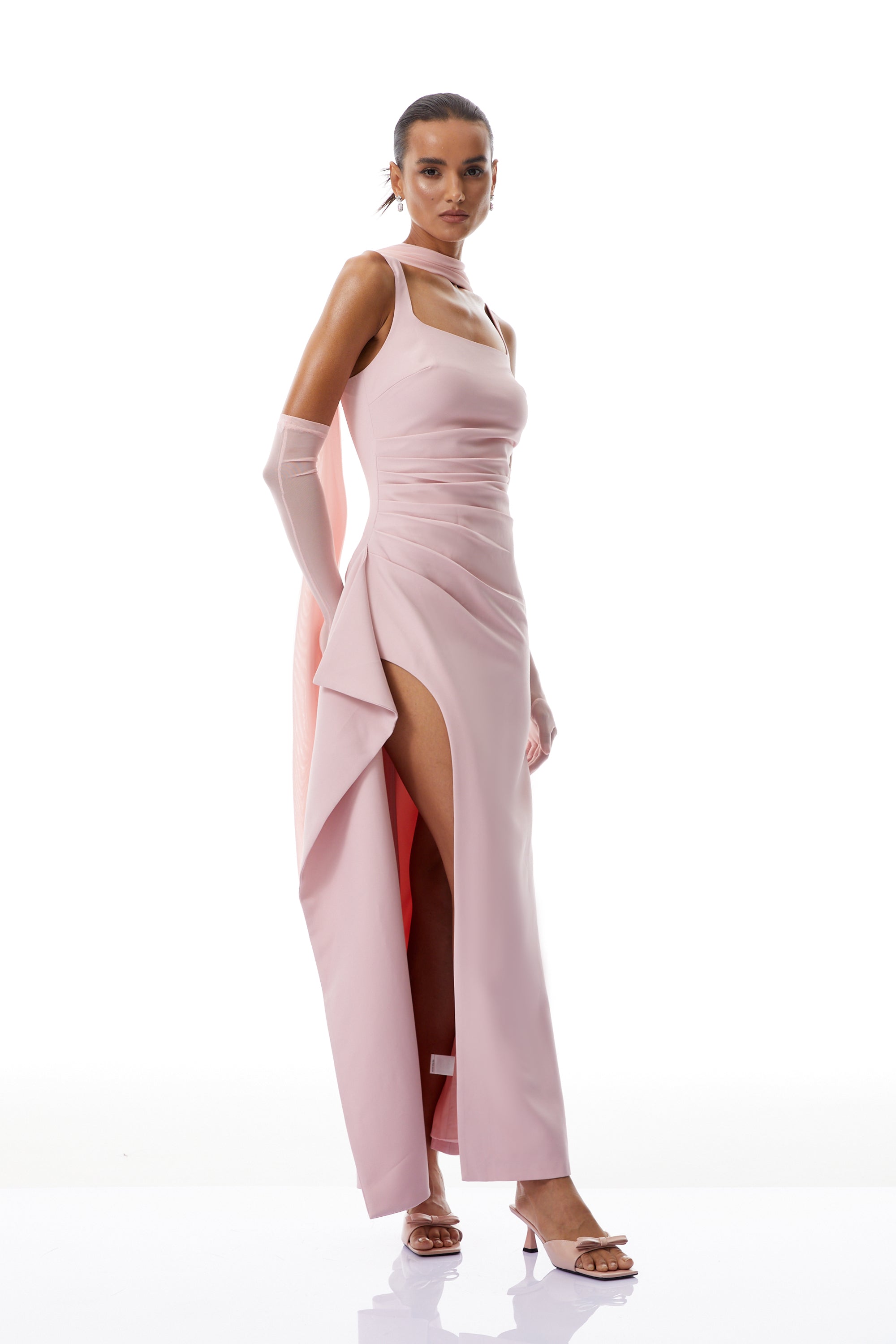 Ophélie Pink Scarf Detail Gathered Maxi Dress (Final Sale-US Only)