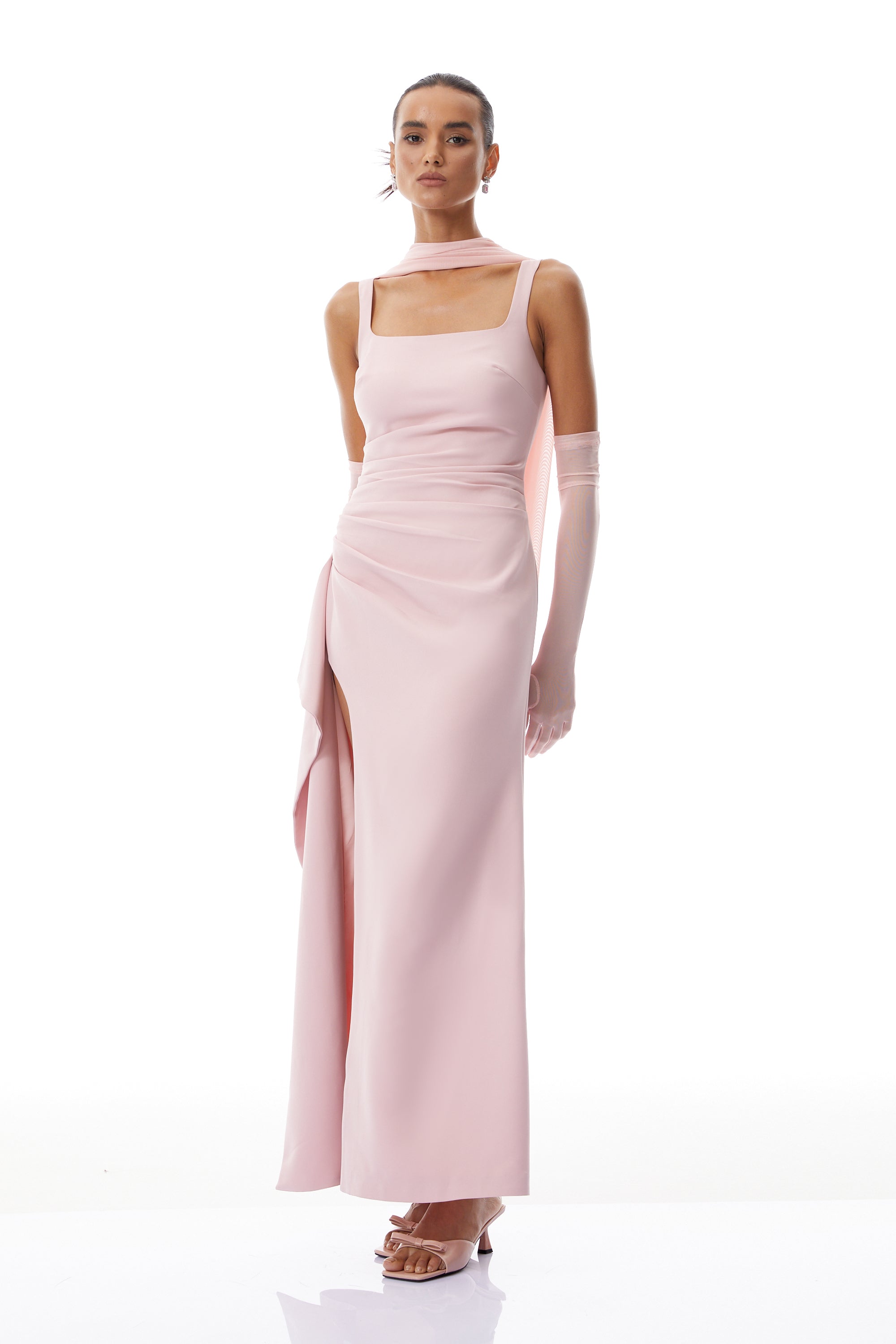 Ophélie Pink Scarf Detail Gathered Maxi Dress (Final Sale-US Only)