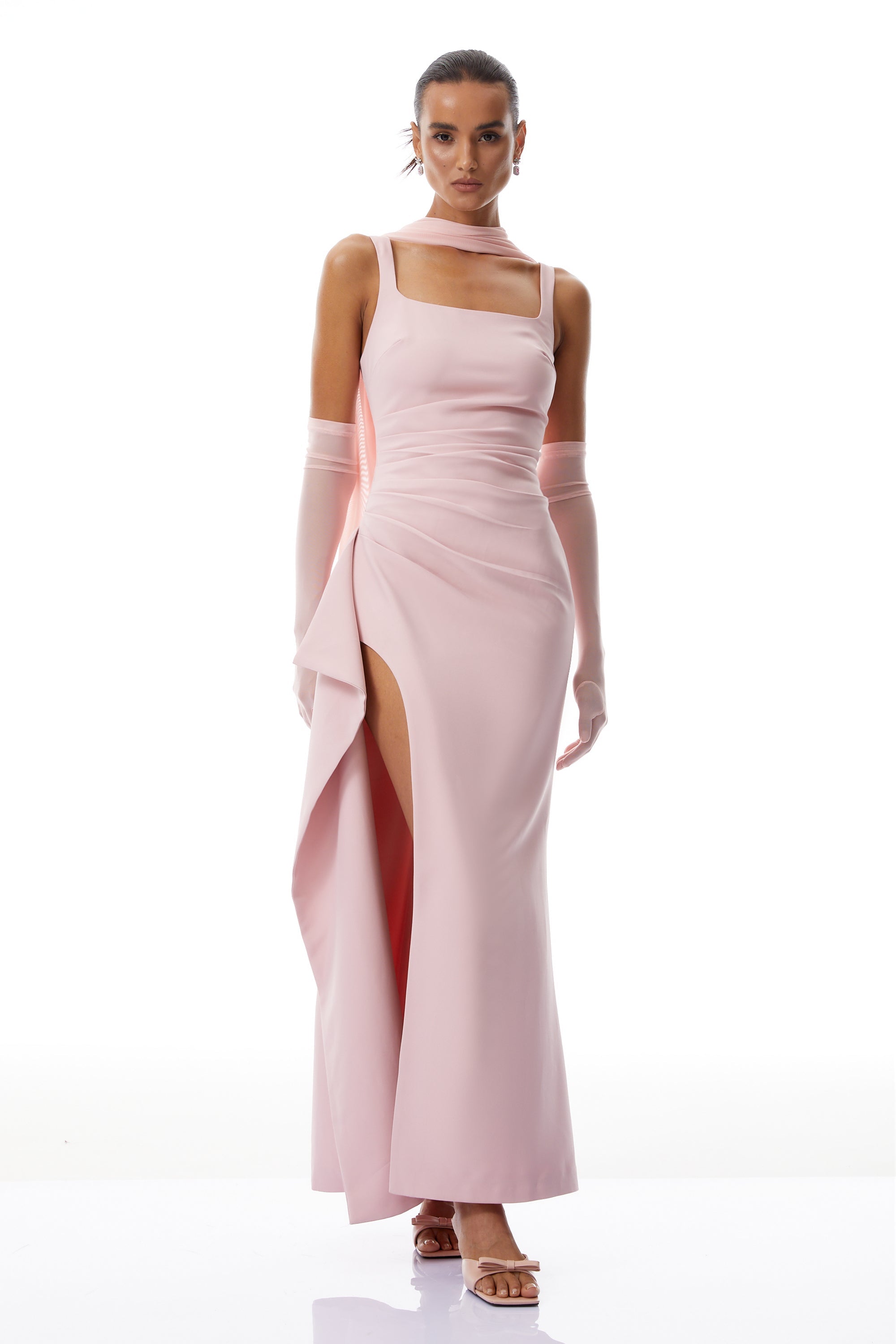 Ophélie Pink Scarf Detail Gathered Maxi Dress (Final Sale-US Only)