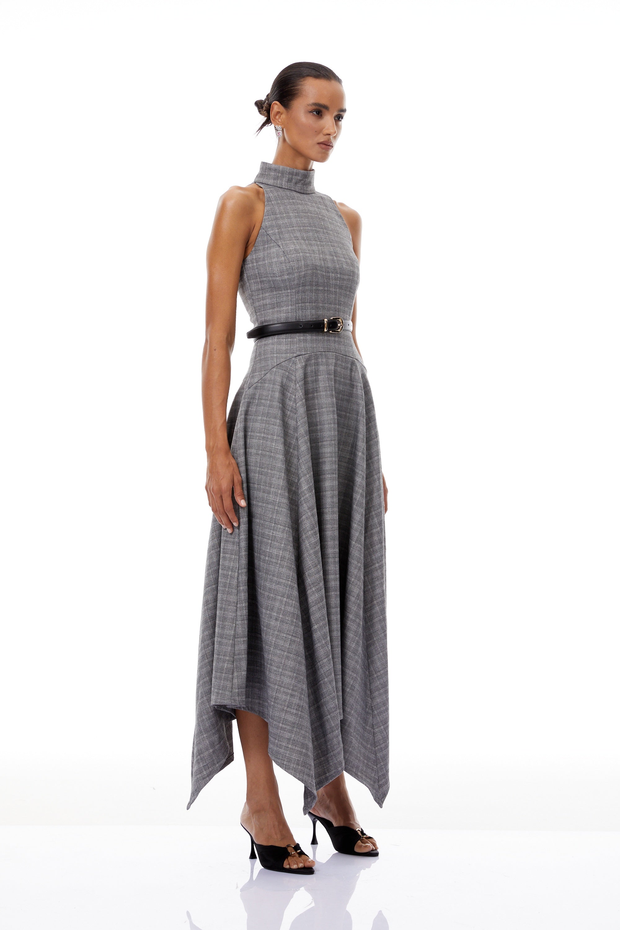 Wilhemine Grey Checked Tweed Midi Dress (Without Belt) (Final Sale-US Only)