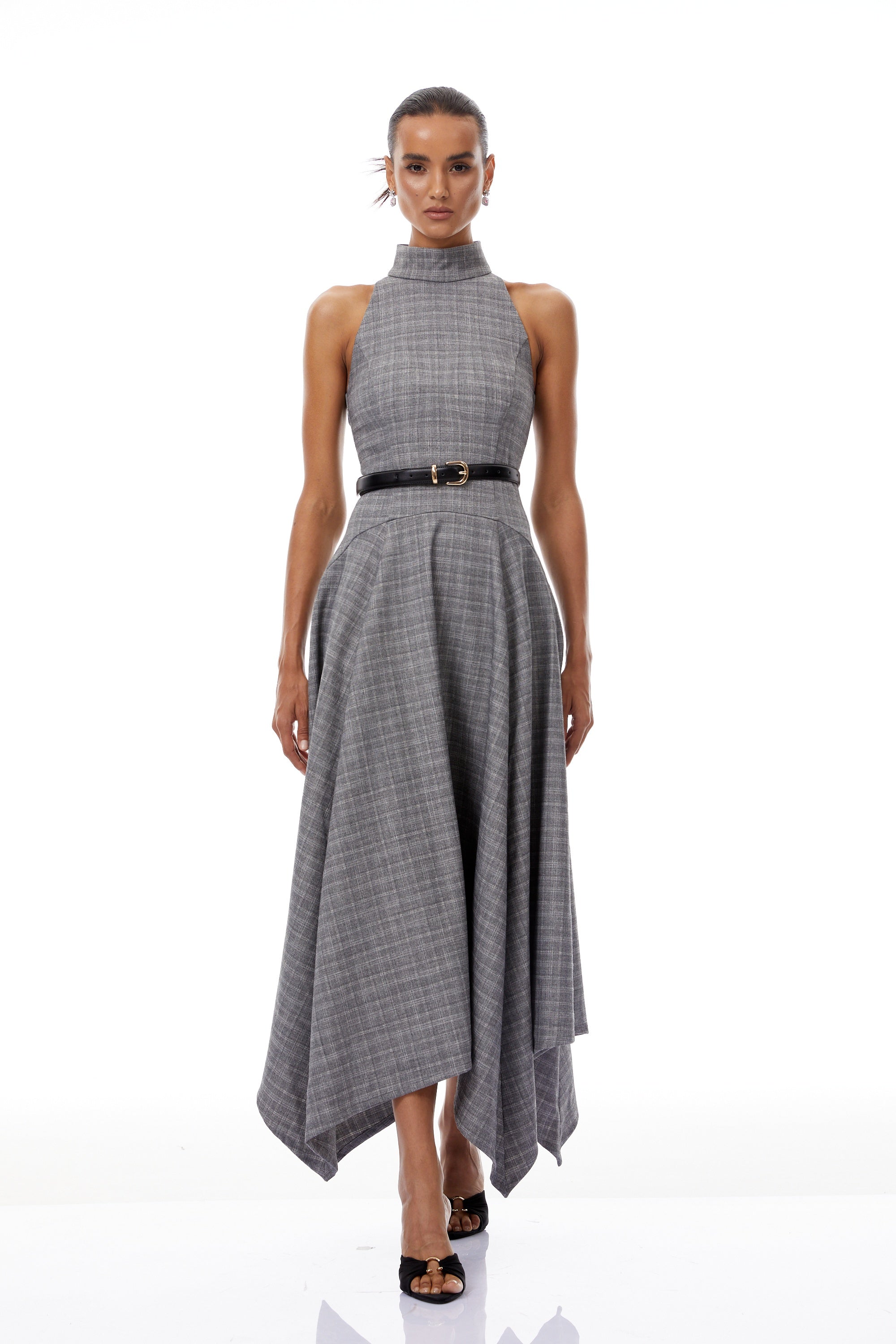 Wilhemine Grey Checked Tweed Midi Dress (Without Belt) (Final Sale-US Only)