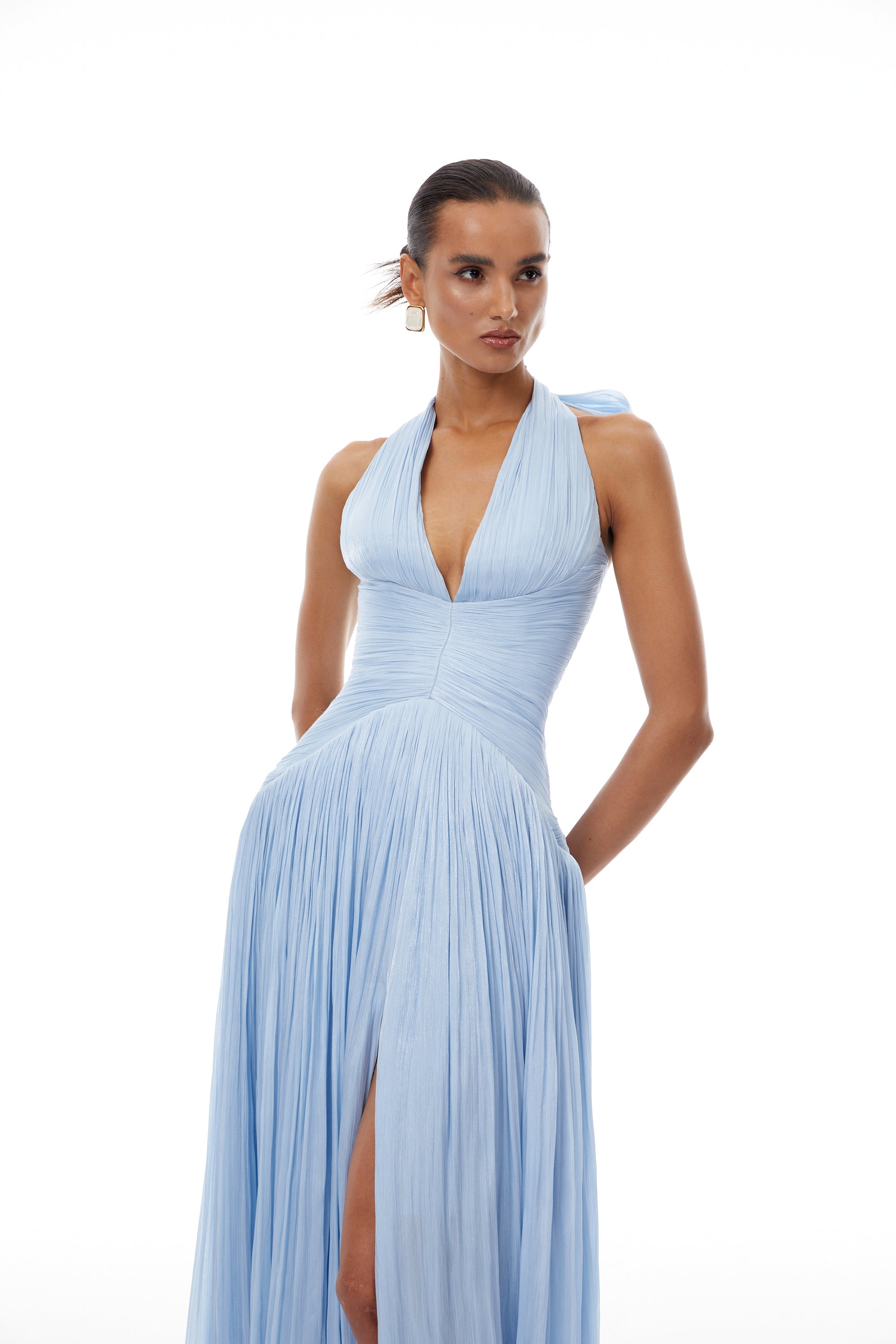 Blue Glossy Gathered Maxi Dress