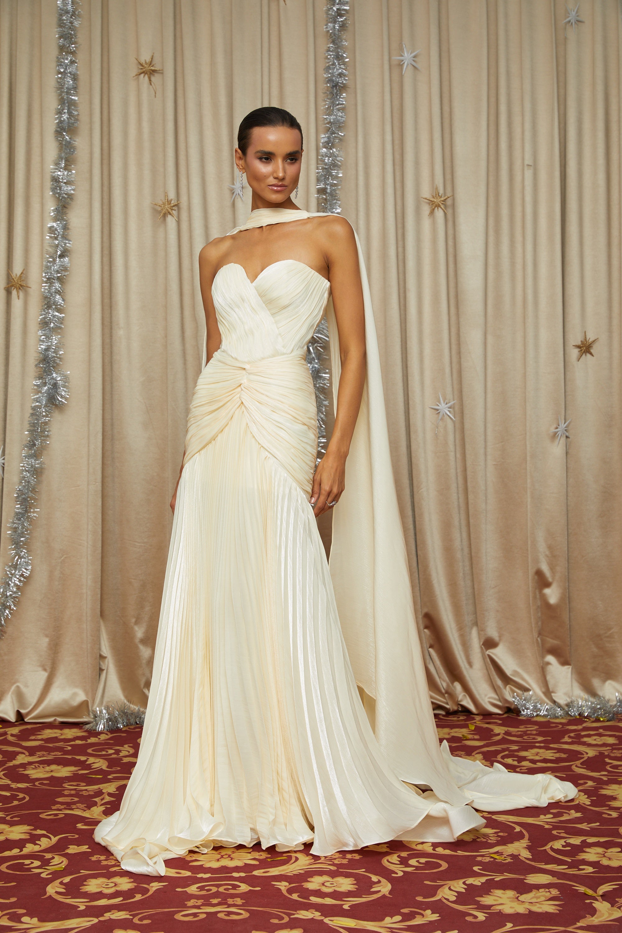 Yellow Cinched Waist Ruched Maxi Dress