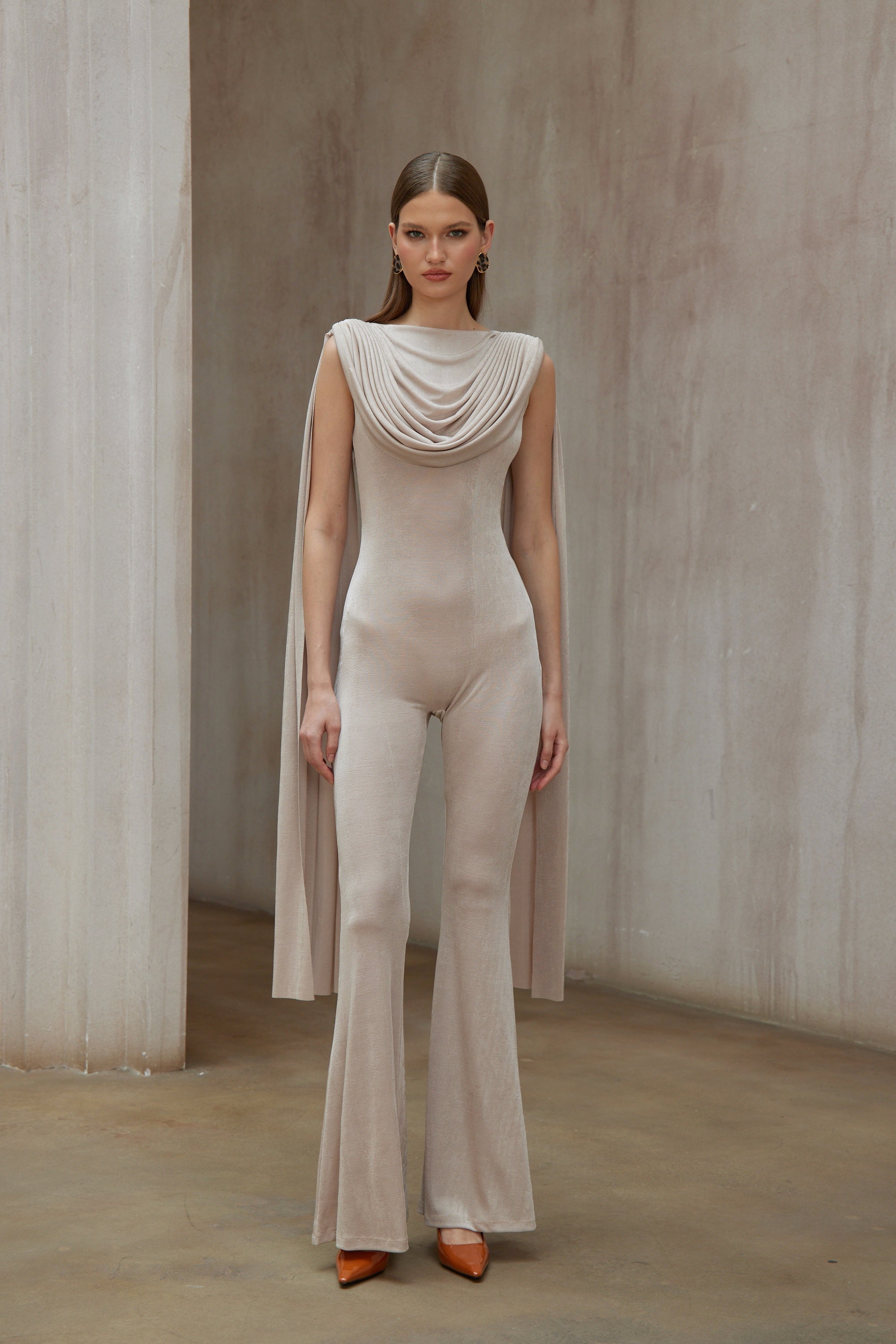 Clarisse Neutral Dropped Design Velvet Jumpsuit (Final Sale)