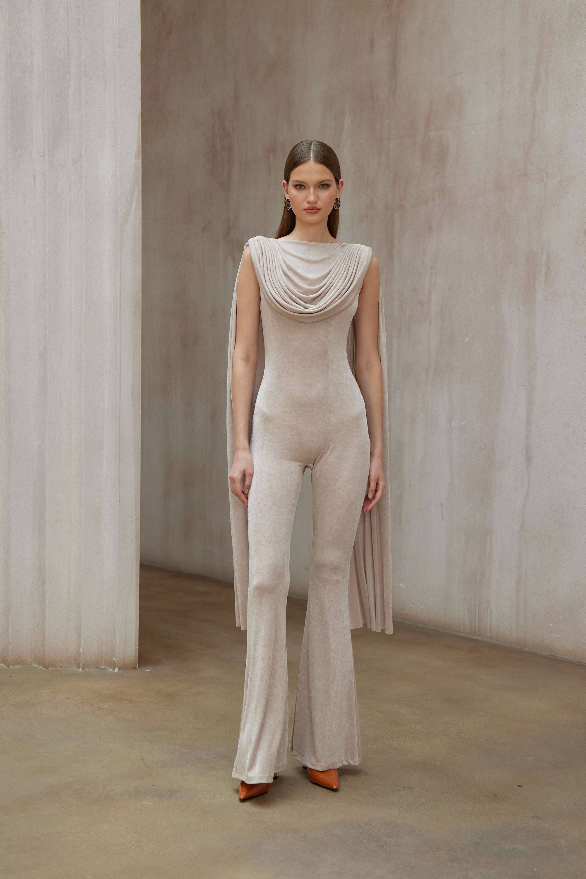 Clarisse Neutral Dropped Design Velvet Jumpsuit (Final Sale)