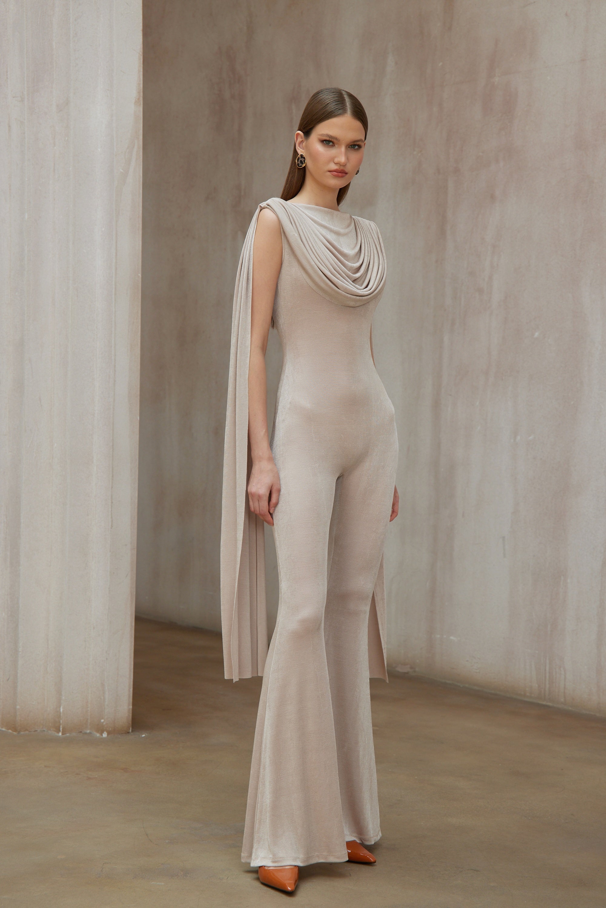 Clarisse Neutral Dropped Design Velvet Jumpsuit (Final Sale)