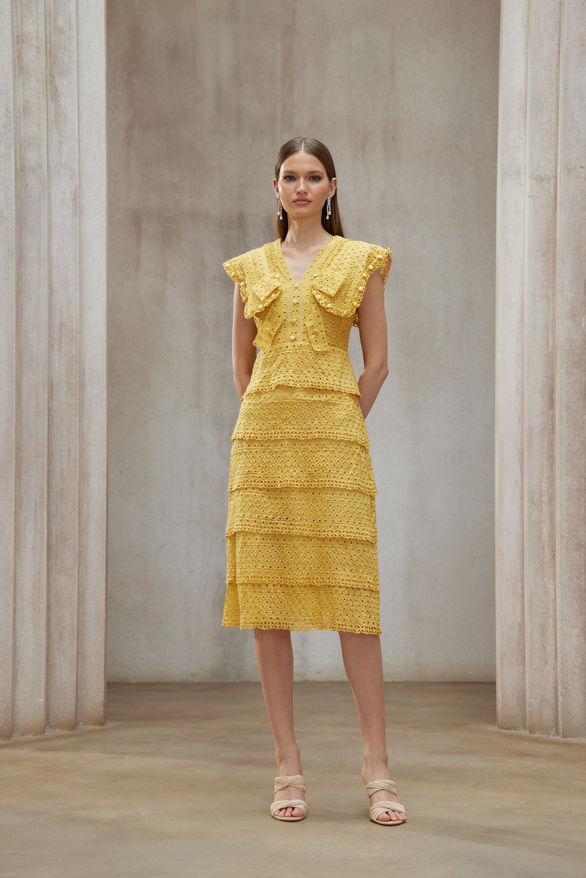 Fidji Yellow Layered Embroidered Midi Dress (Final Sale)