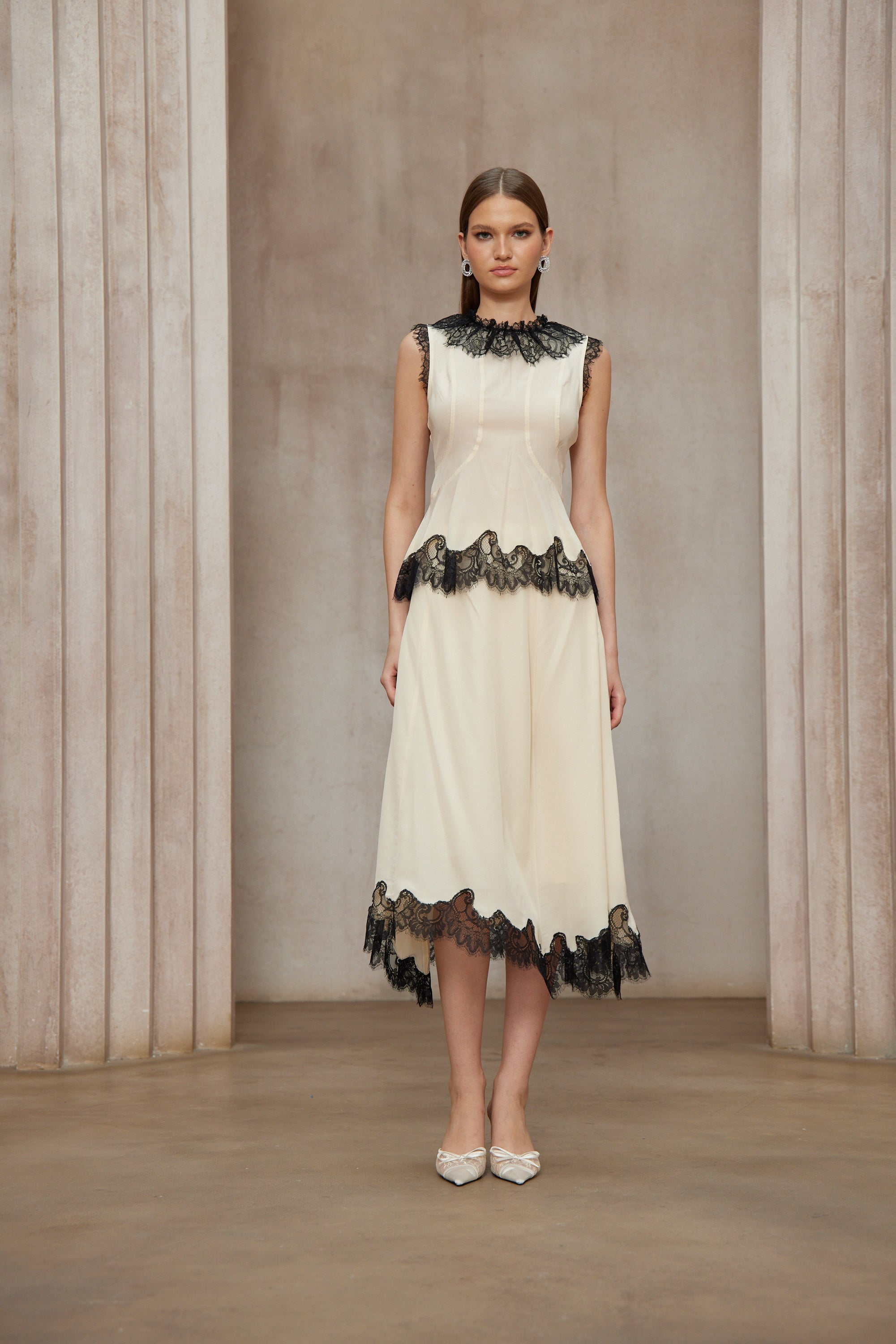 Zsófia Neutral Lace Panel Chiffon Top & Skirt Matching Set (Final Sale)