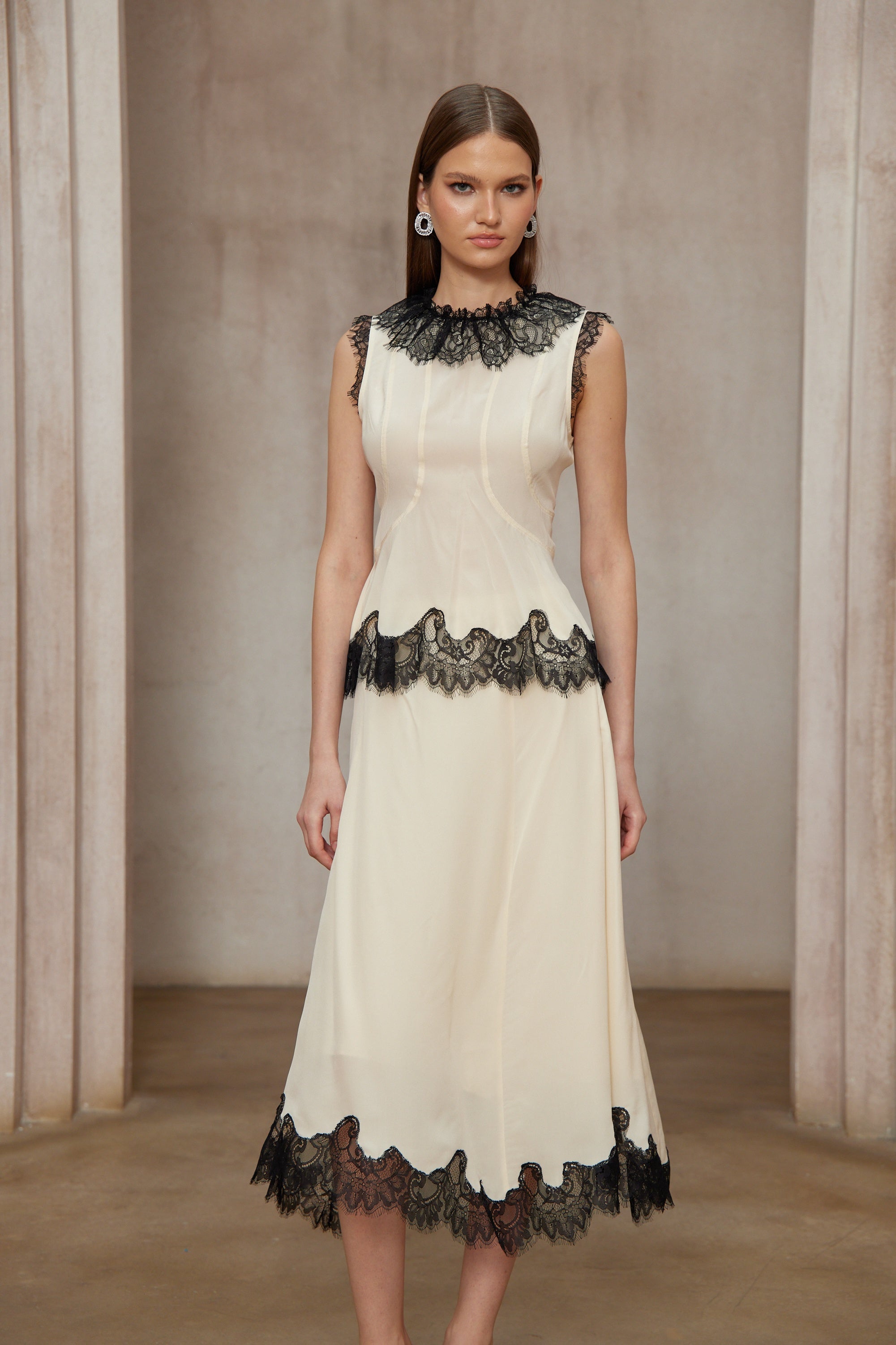 Zsófia Neutral Lace Panel Chiffon Top & Skirt Matching Set (Final Sale)