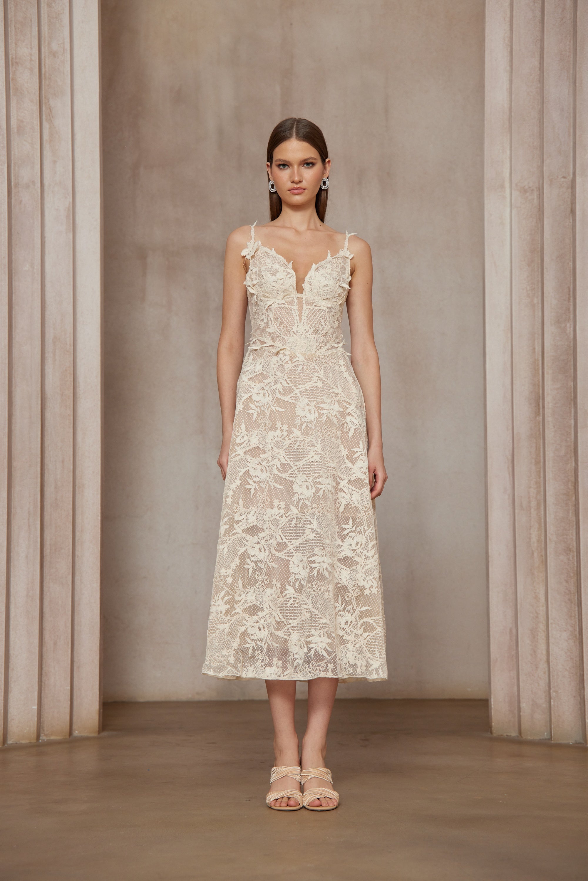Amber White Sleeveless Floral Lace Midi Dress (Final Sale)