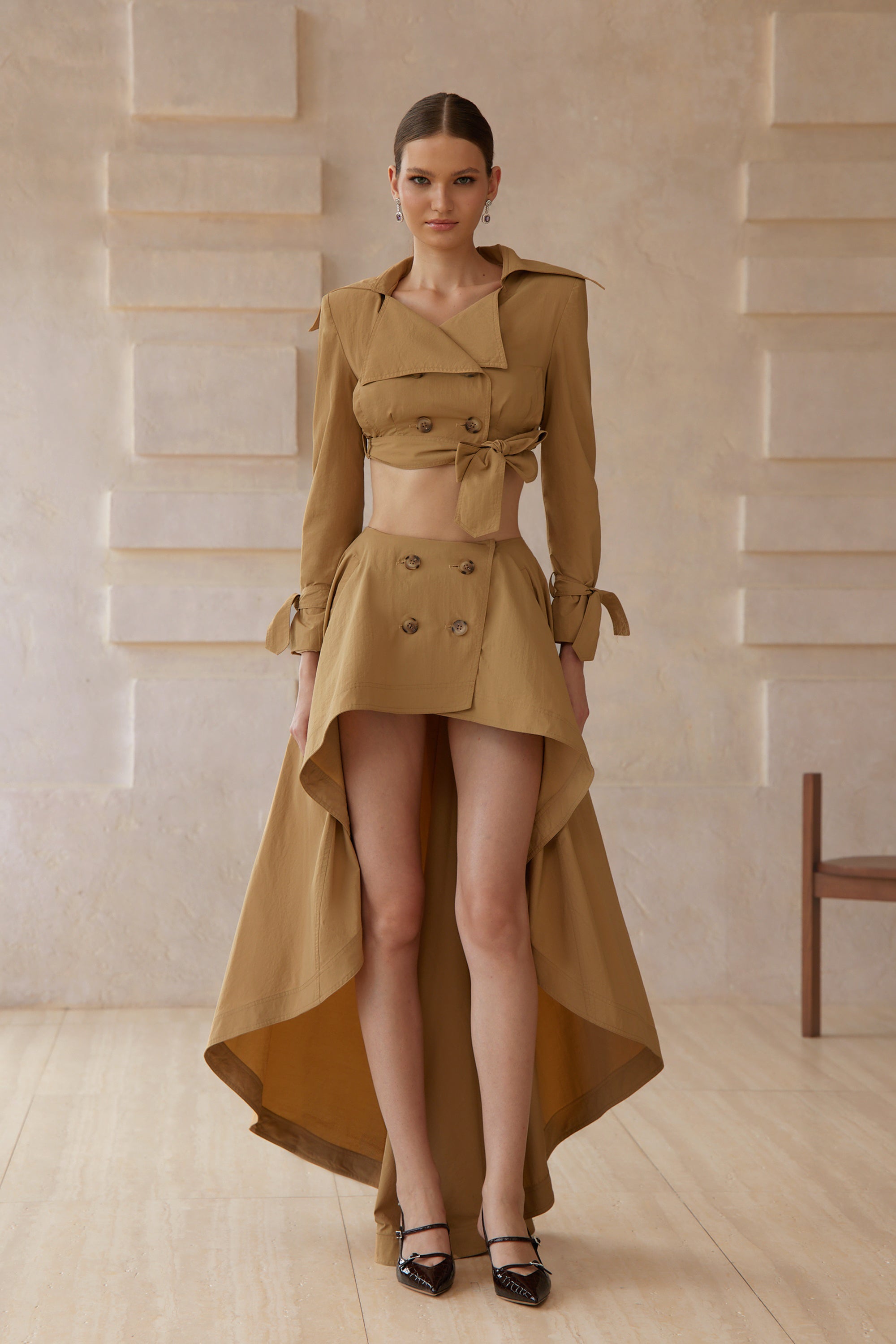 Maelle Khaki Cropped Trench Jacket & Skirt Matching Set (Final Sale)
