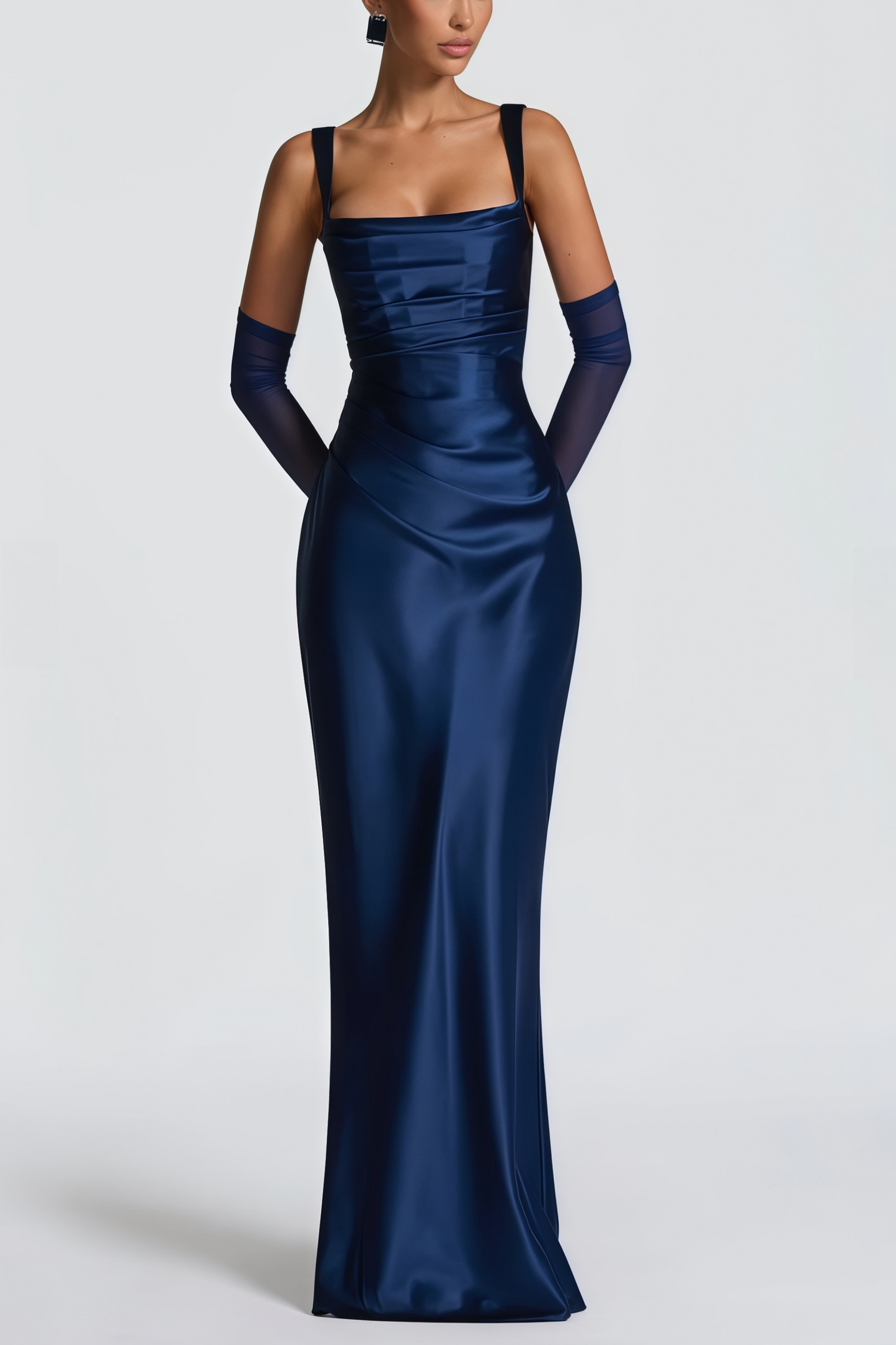 Square Neckline Satin Evening Gown in Navy