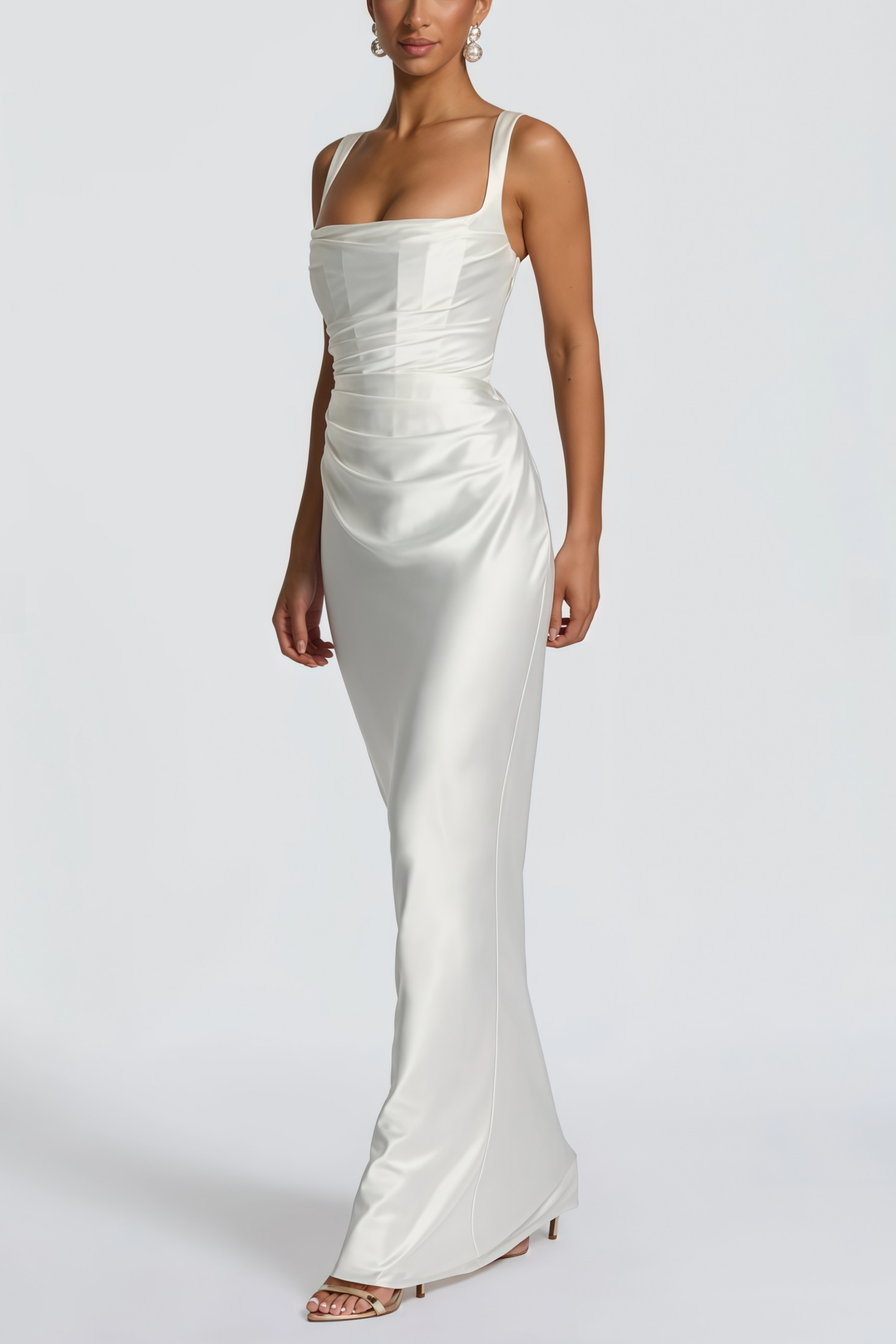White Ruched Satin Maxi Dress