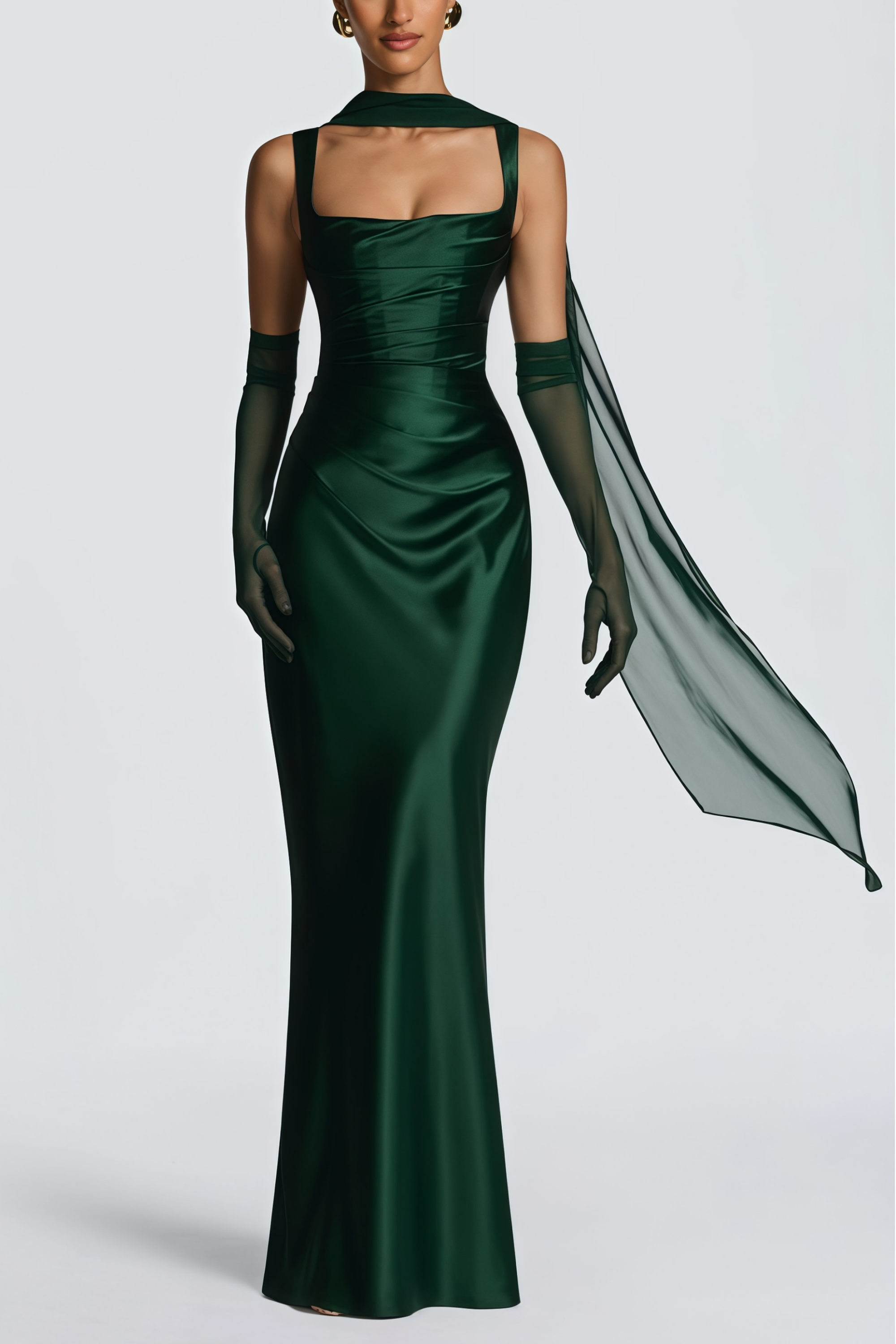 Emerald Ruched Satin Maxi Dress