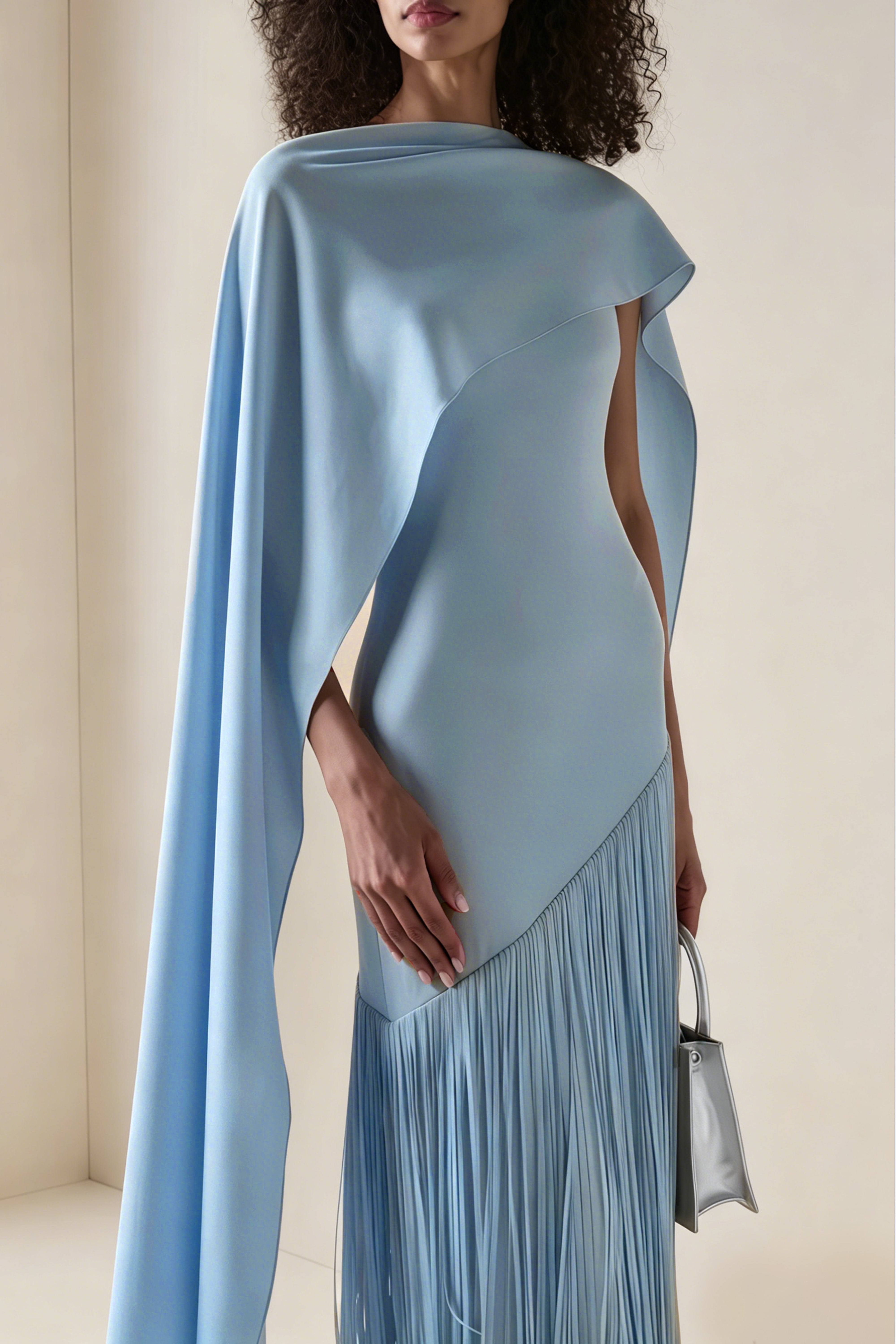 Light blue cape-style gown with a long fringed skirt