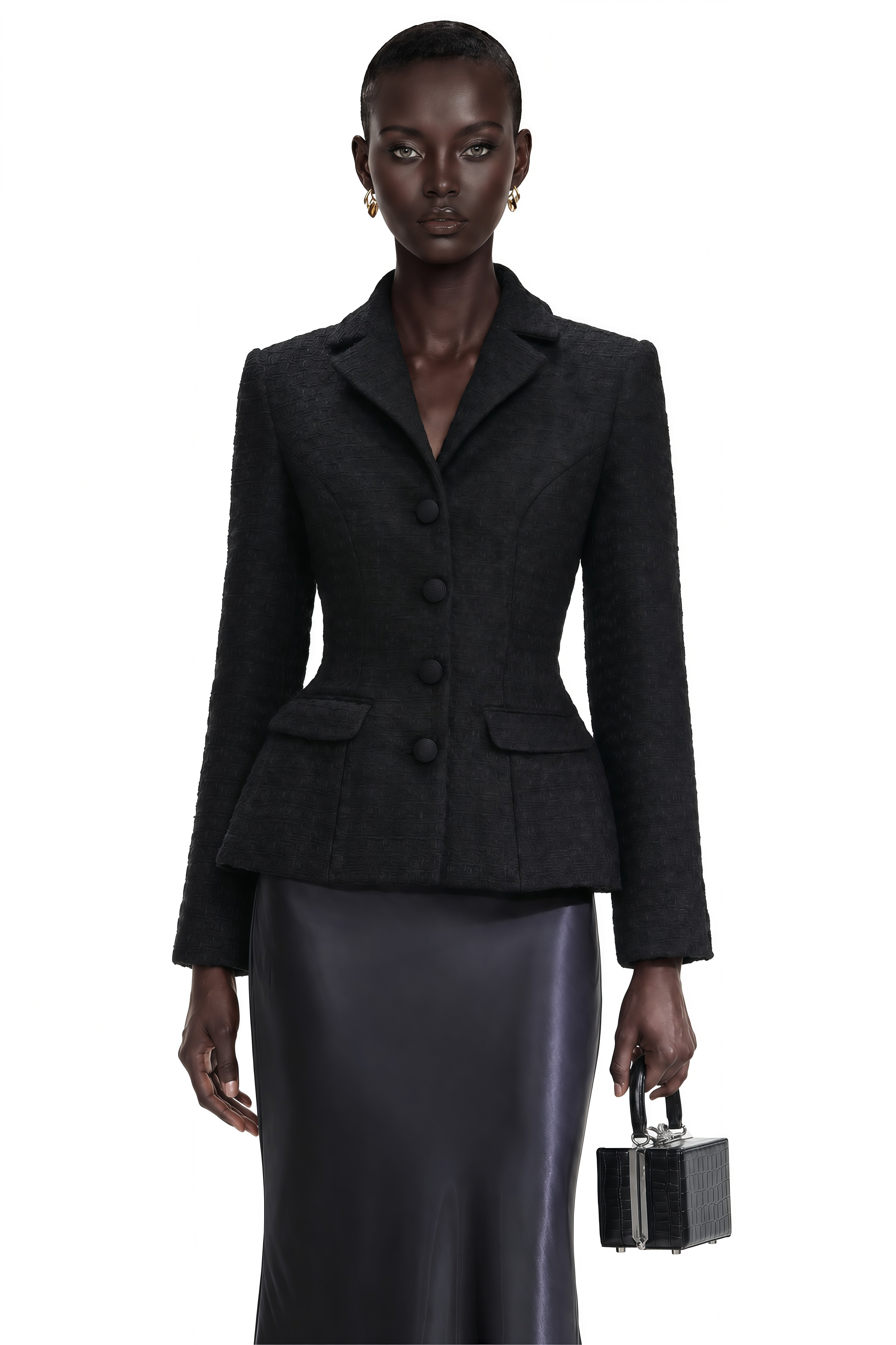 Un blazer noir associé à une jupe longue en satin noir