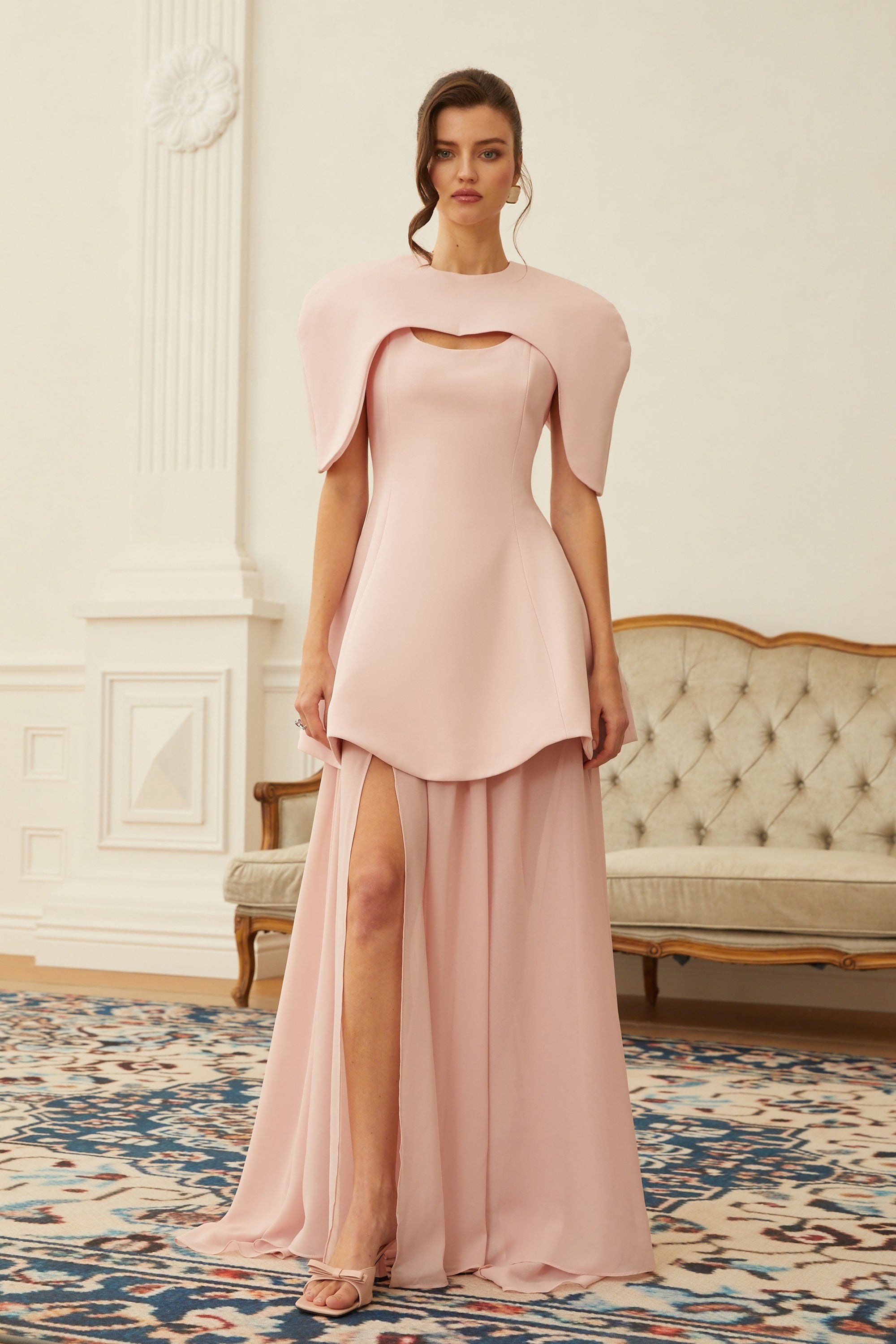 Auriane Pink Layered Cape Sculptural Maxi Dress Set (Final Sale-US Only)