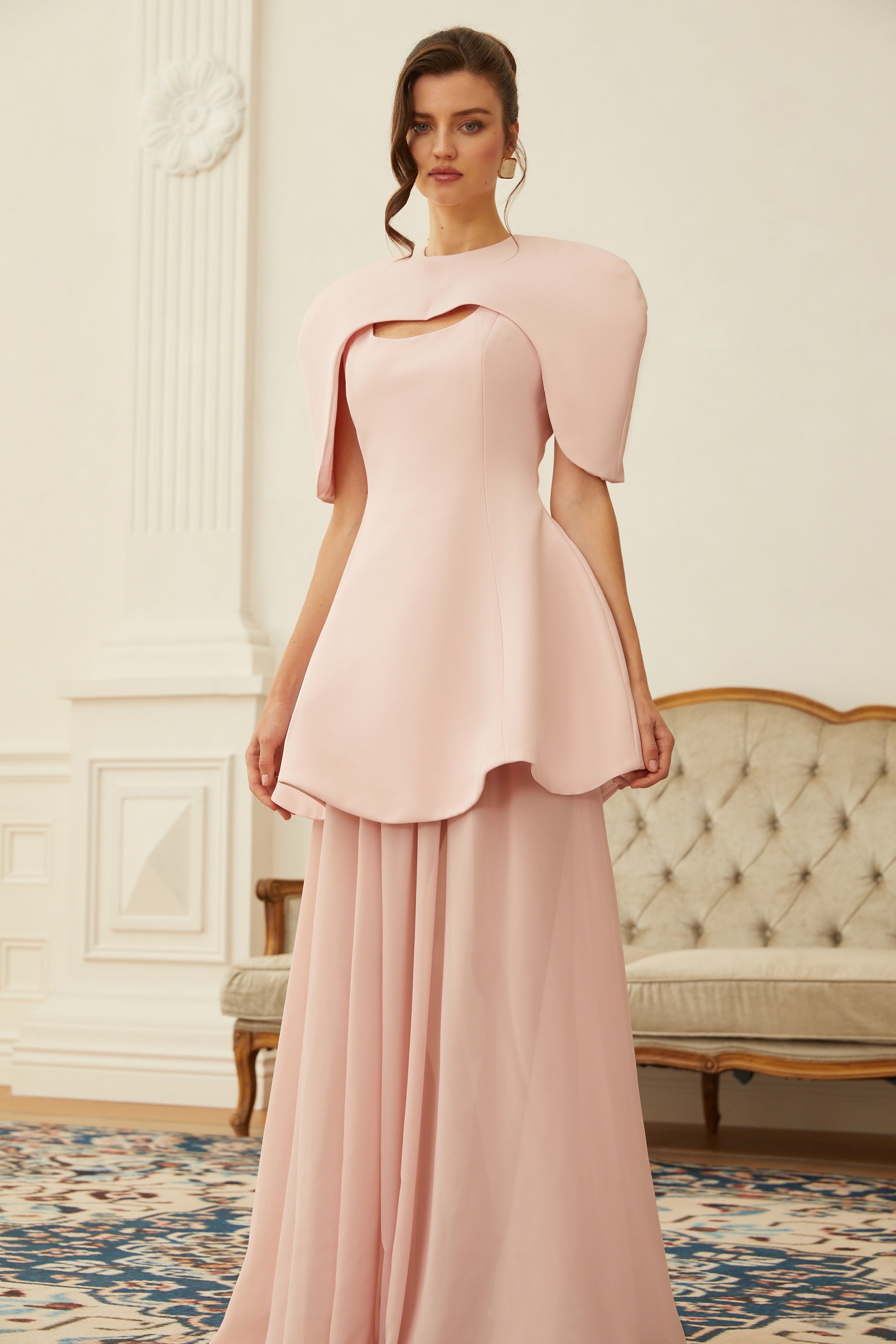 Auriane Pink Layered Cape Sculptural Maxi Dress Set (Final Sale-US Only)