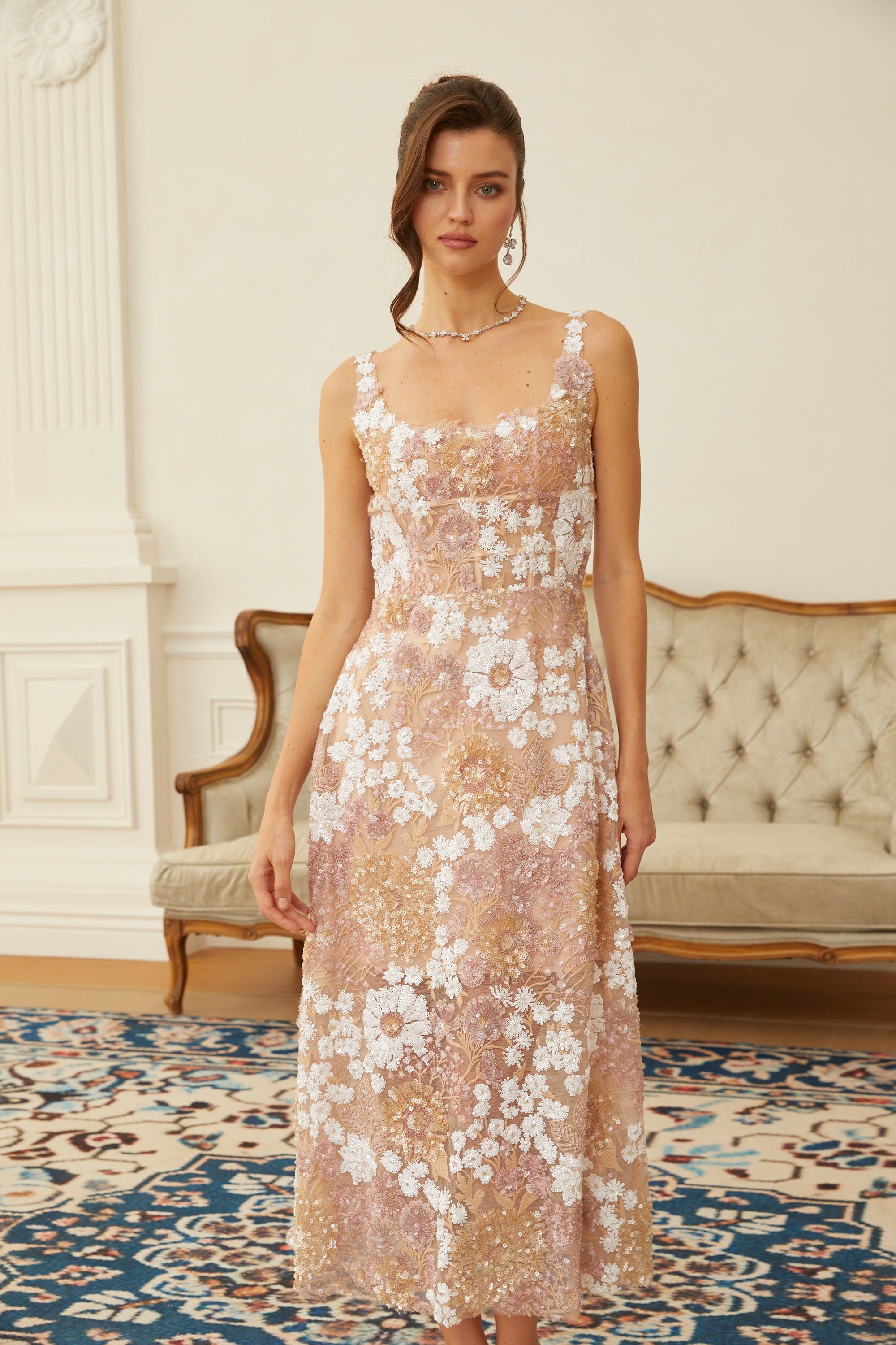 Eirlys Neutral Sequined Floral Tulle Midi Dress (Final Sale-US Only)