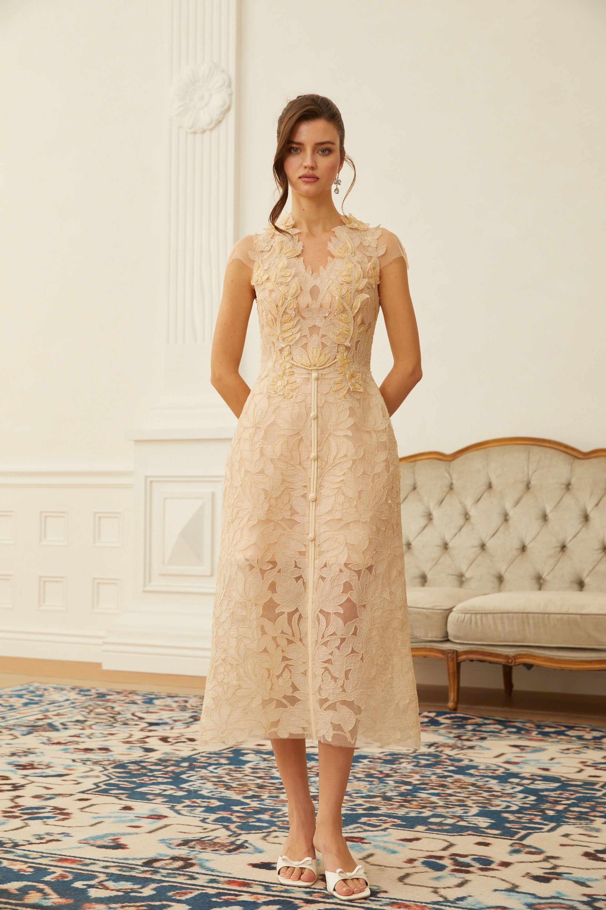 Linnea Nude Floral Applique V-Neck Midi Dress (Final Sale-US Only)