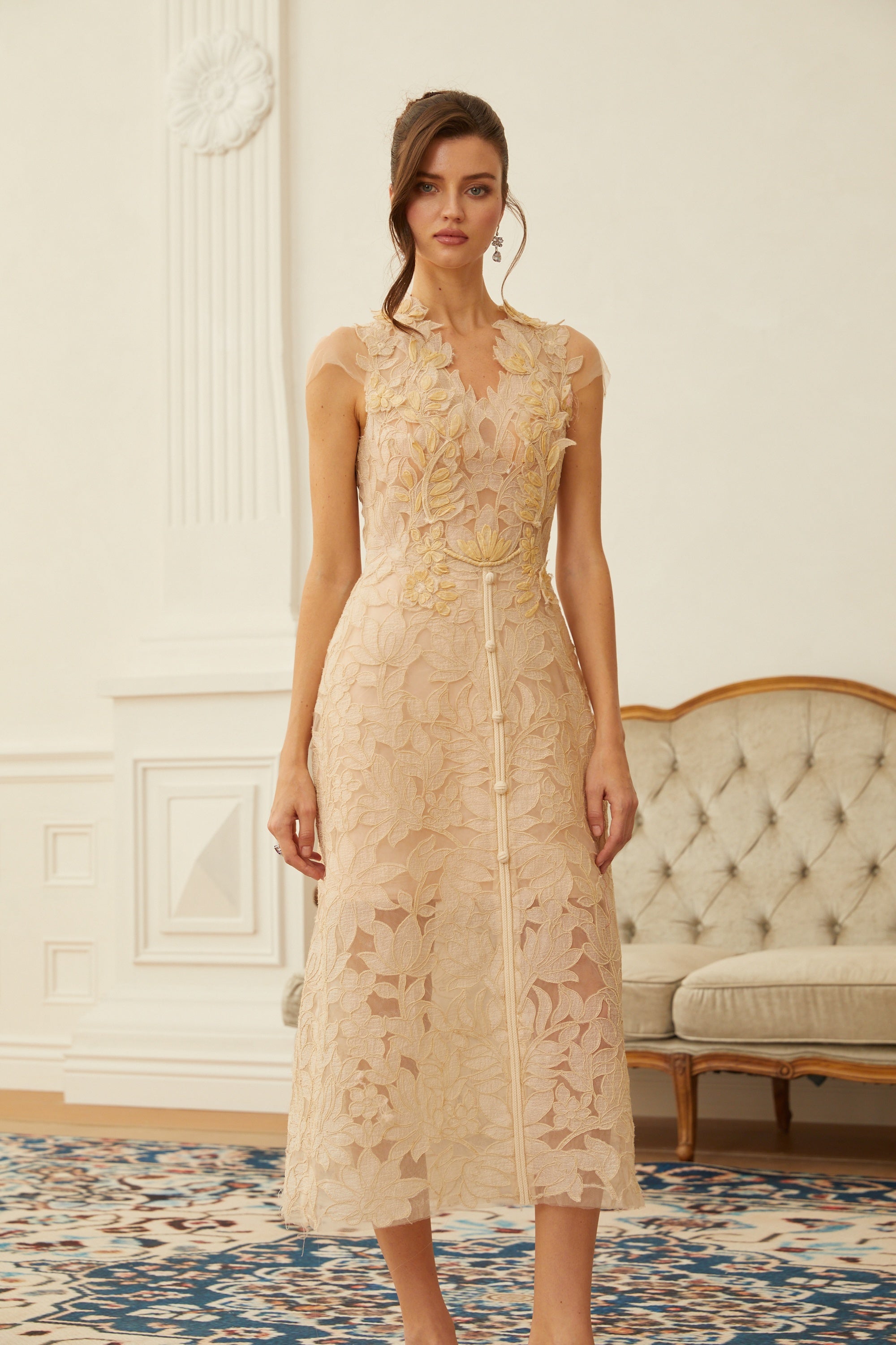 Linnea Nude Floral Applique V-Neck Midi Dress (Final Sale-US Only)