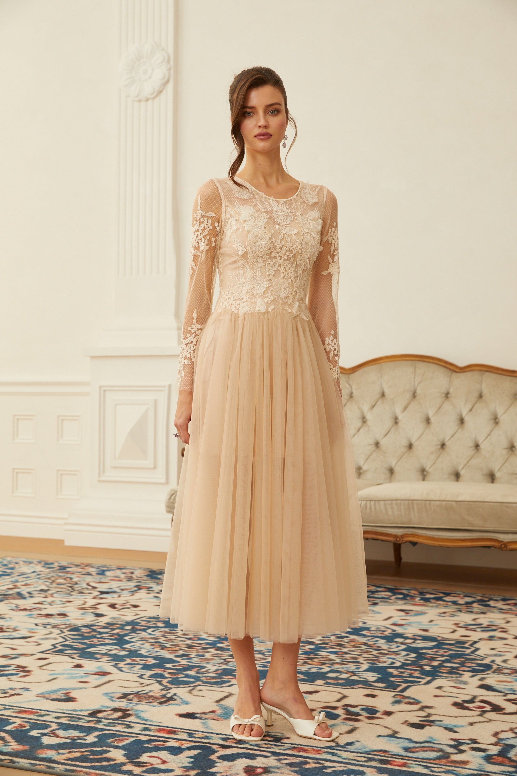 Aviana  Neutral Lace Panel Tulle Midi Dress (Final Sale-US Only)