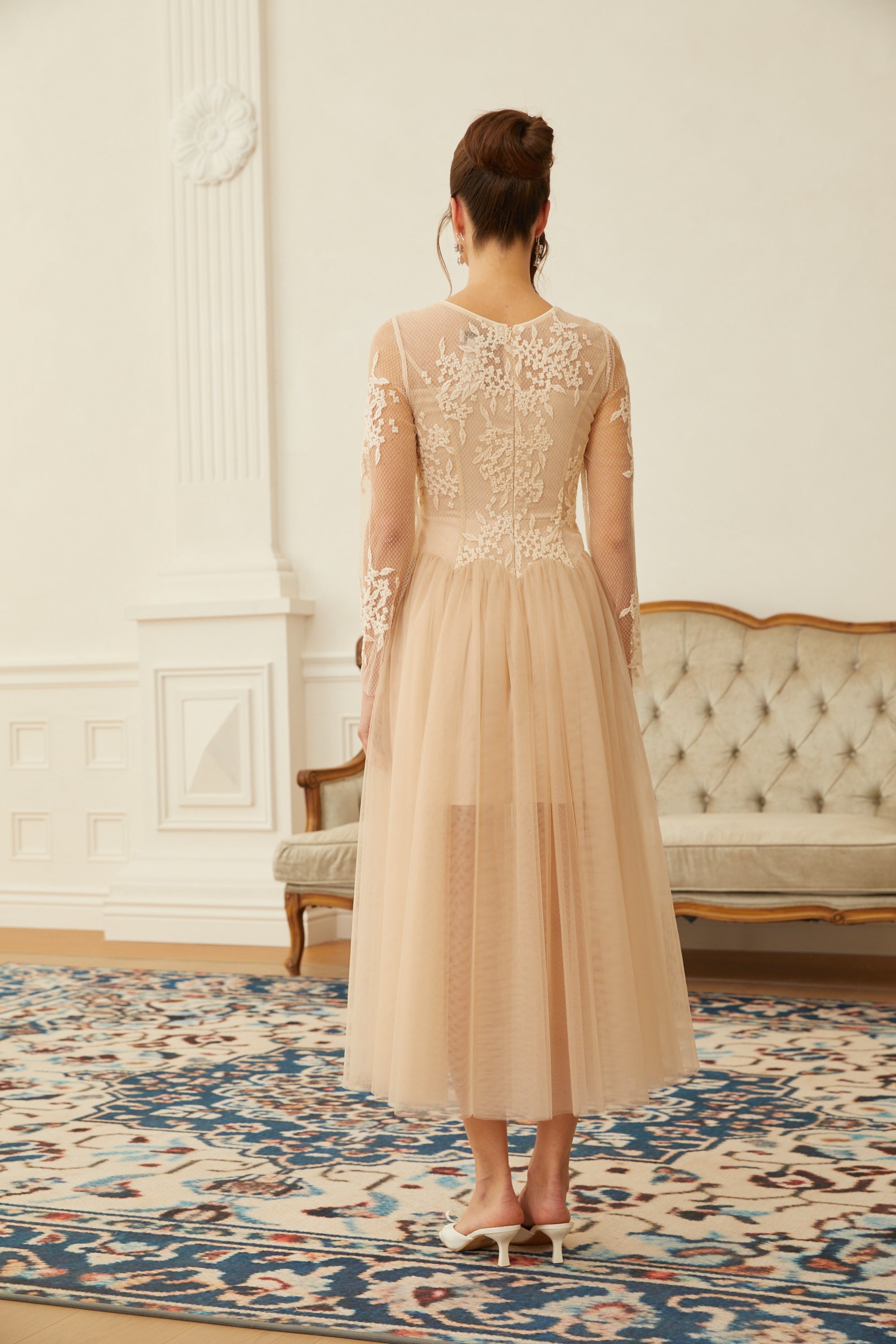 Aviana  Neutral Lace Panel Tulle Midi Dress (Final Sale-US Only)
